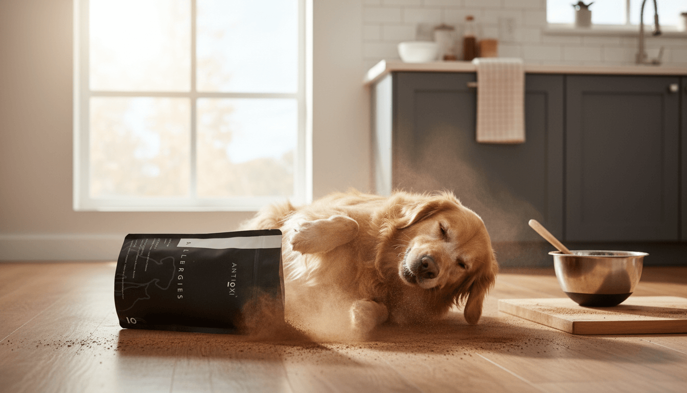 Golden retriever relaxing on a wooden kitchen floor next to spilled Antioxi mushroom powder and pet food bowl