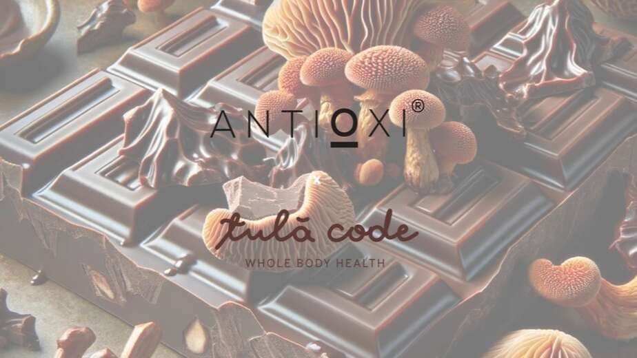 A collaboration between Antioxi and Tulā Code. The background features dark chocolate bars and pieces interspersed with clusters of mushrooms, creating a visually appealing contrast of earthy tones and glossy chocolate.
