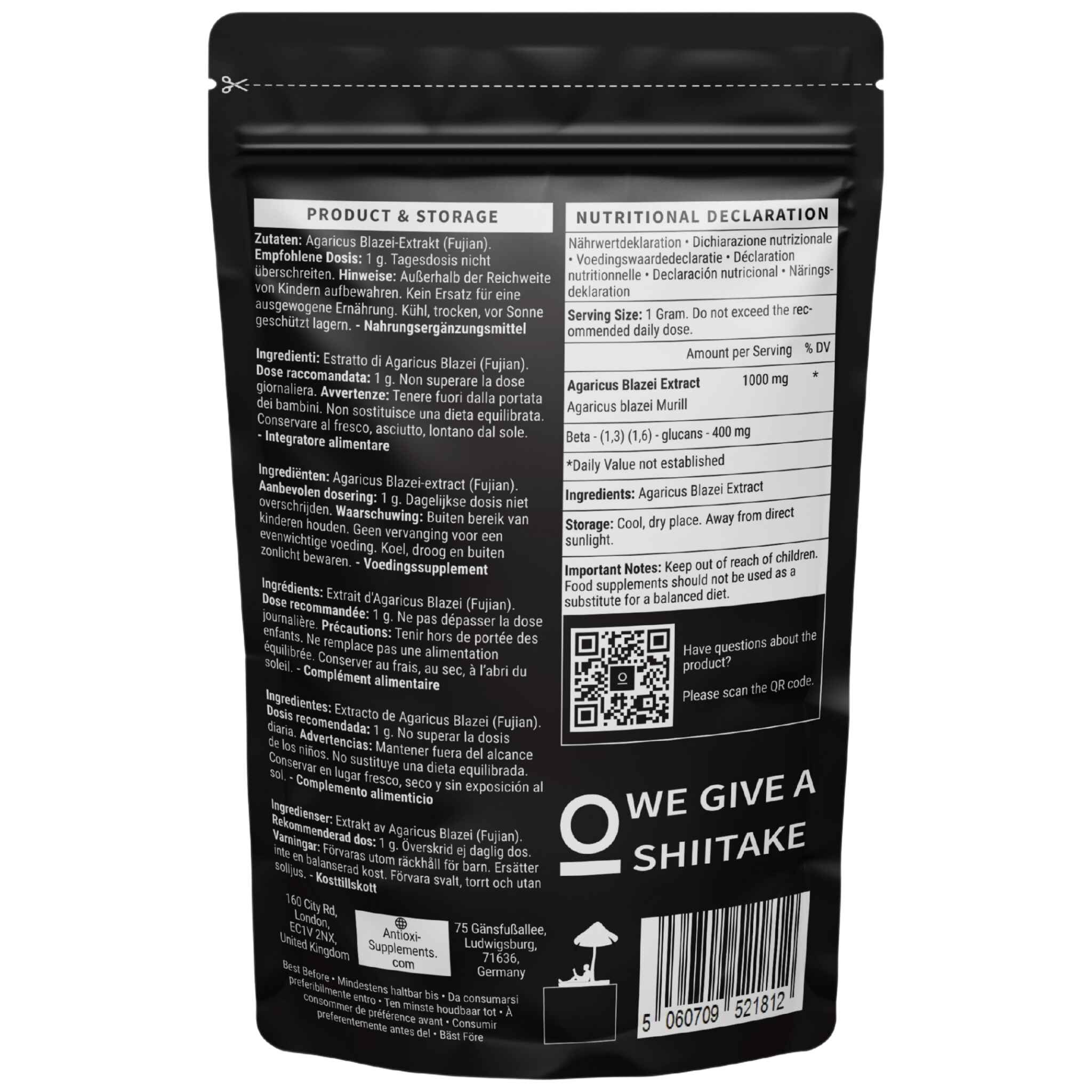 antioxi agaricus blazei mushroom supplement powder back pouch