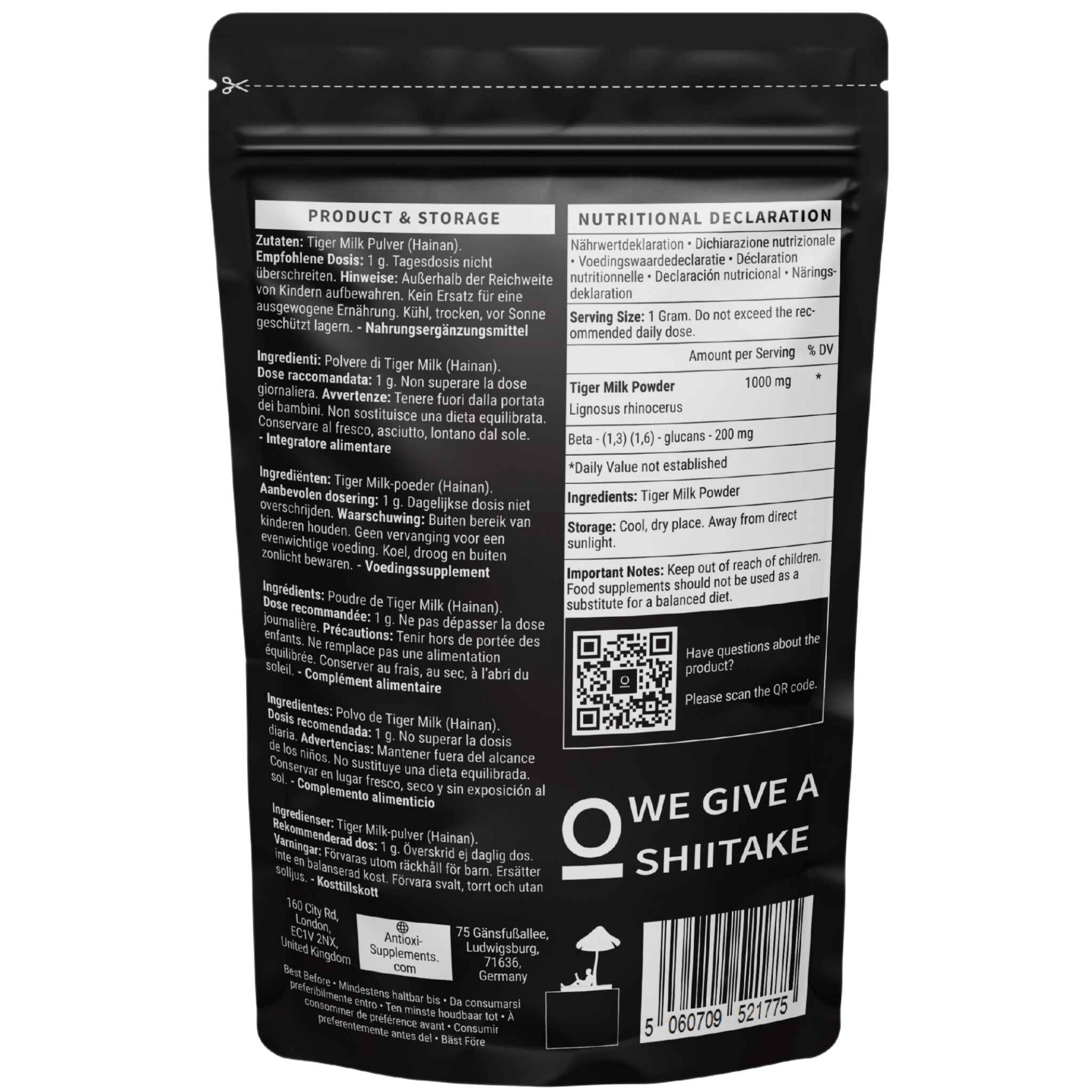 antioxi tiger milk mushroom supplement powder back design