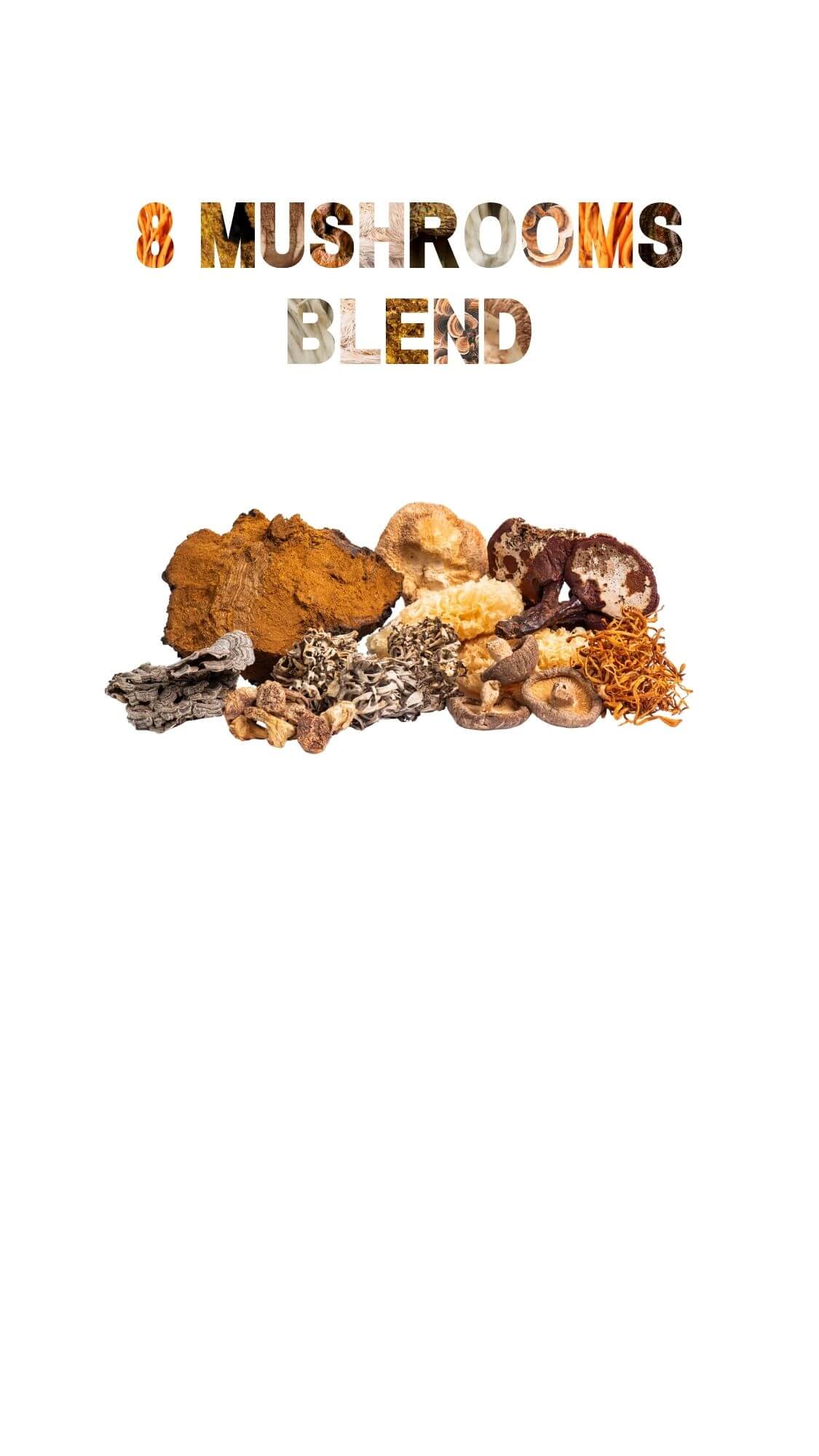 8 medicinal mushrooms blend including Chaga, Reishi, Cordyceps, Lion’s Mane, and more.