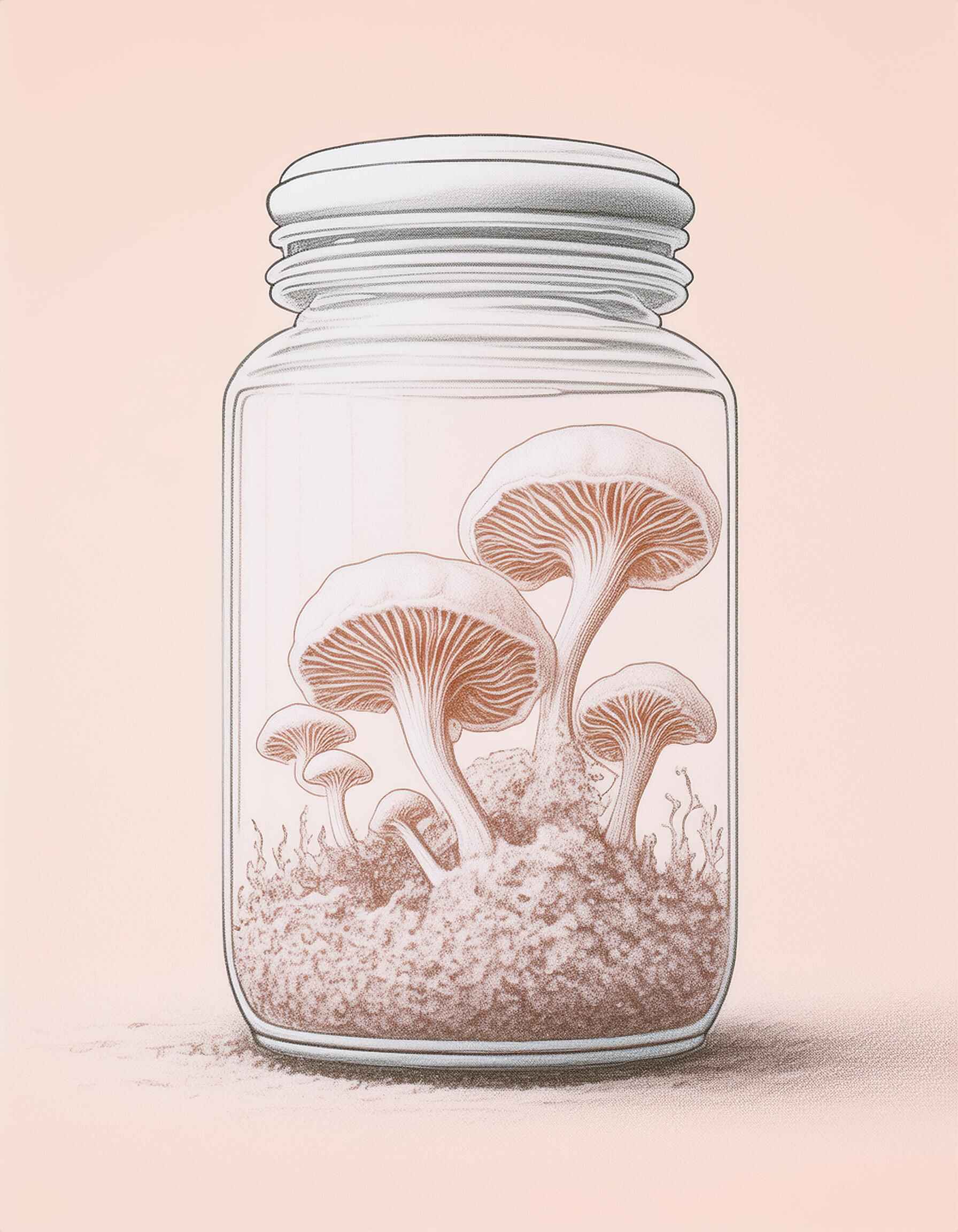 An illustration of a glass container that is filled with ground, with mushroom mycelium and fruiting bodies sprouting from the ground, growing towards the top of the container.