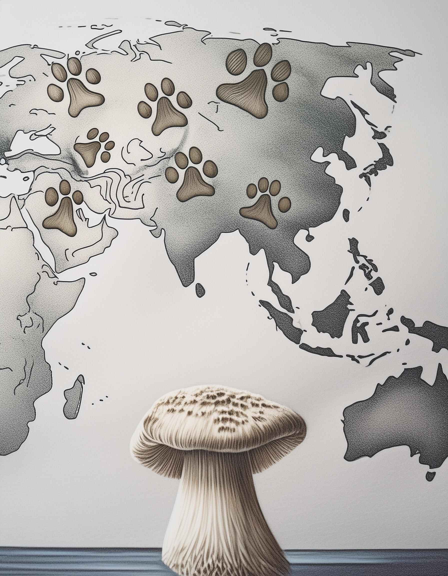 A drawing of a map of Asia with dog paw prints marking various locations, positioned in front of a large mushroom.