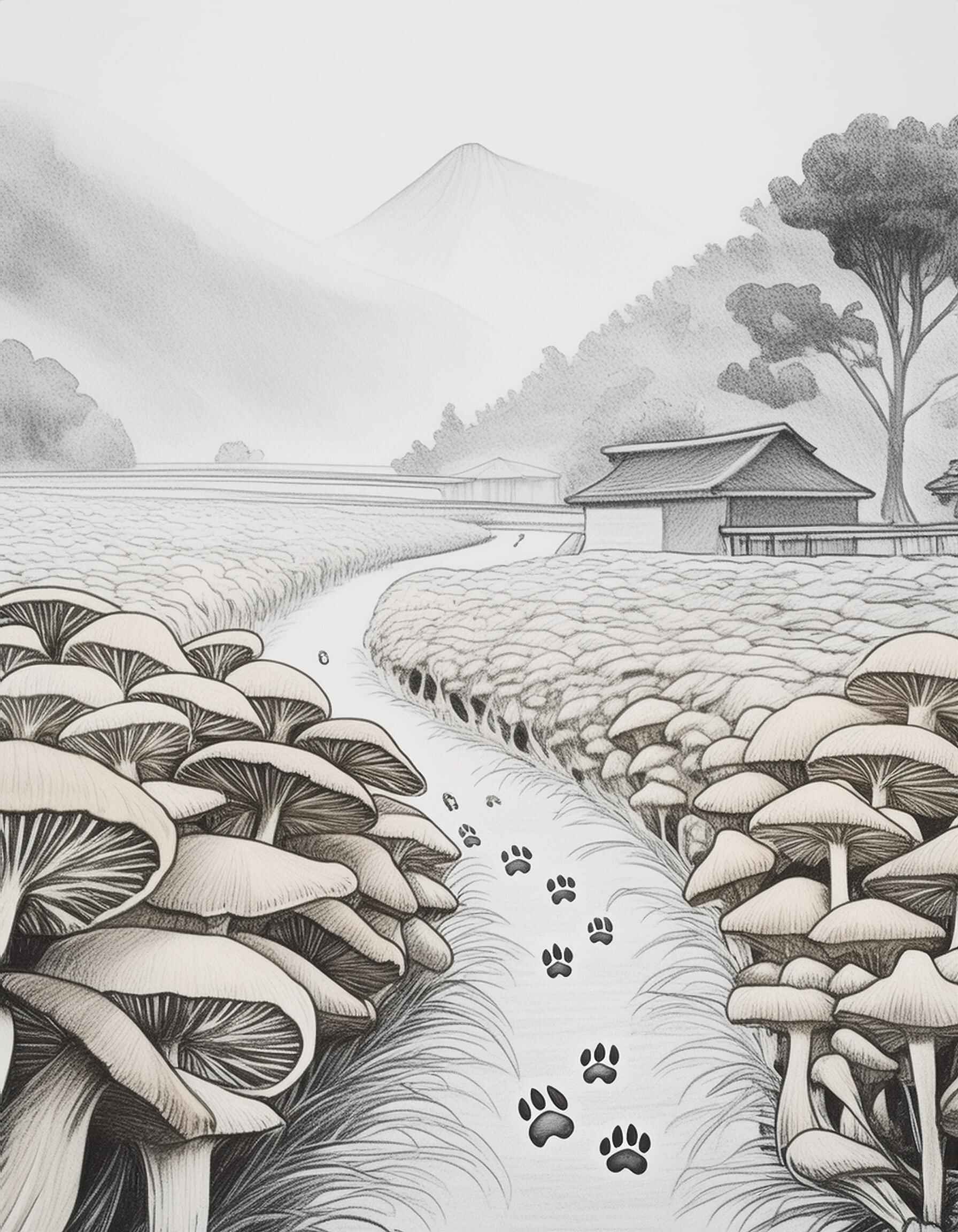 A drawing of a mushroom farm in China, showing dog paw prints walking along the path, with mushrooms on either side and a mountain in the background.