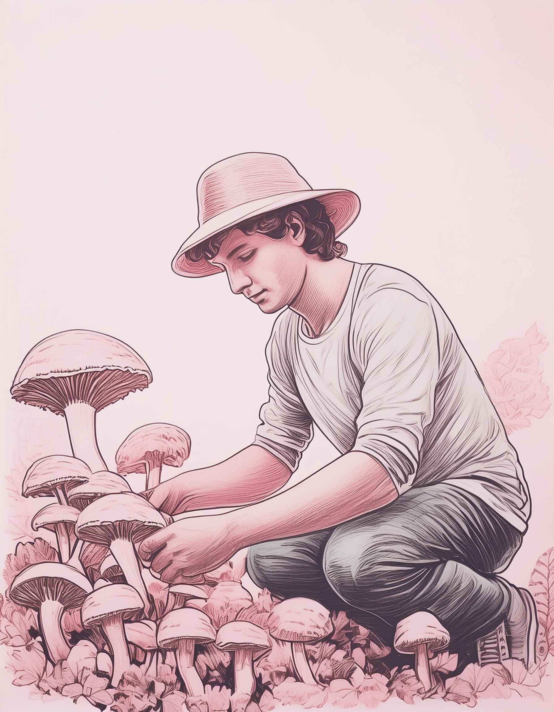 An illustration of a man who is harvesting mushrooms from the ground.