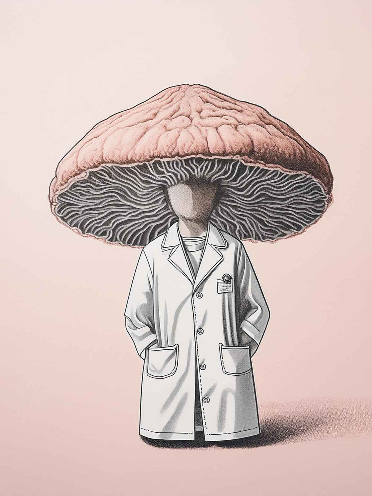 Drawing of a lab coat in front of a mushroom, showcasing Antioxi's dedication to uncompromising quality and rigorous testing.