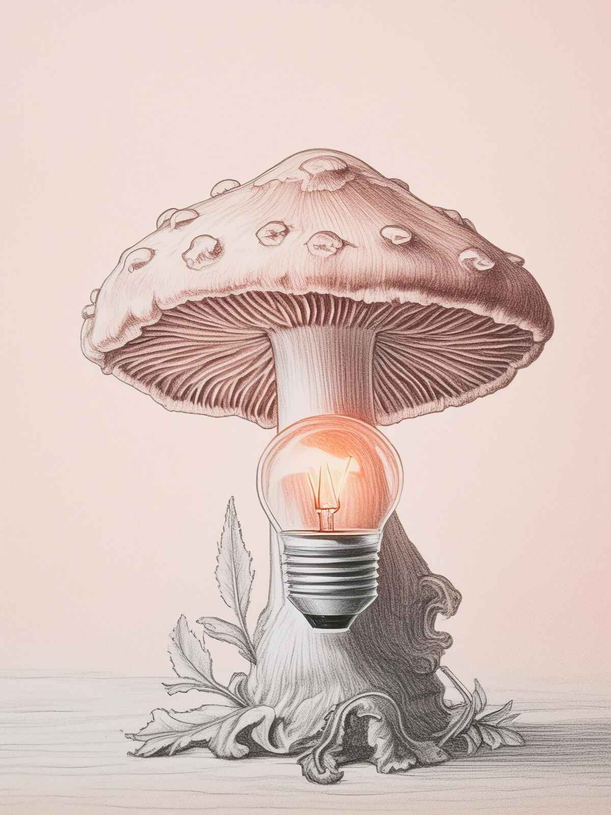 Lightbulb drawing in front of a mushroom, representing Antioxi's personalized and innovative approach to customer support and health.