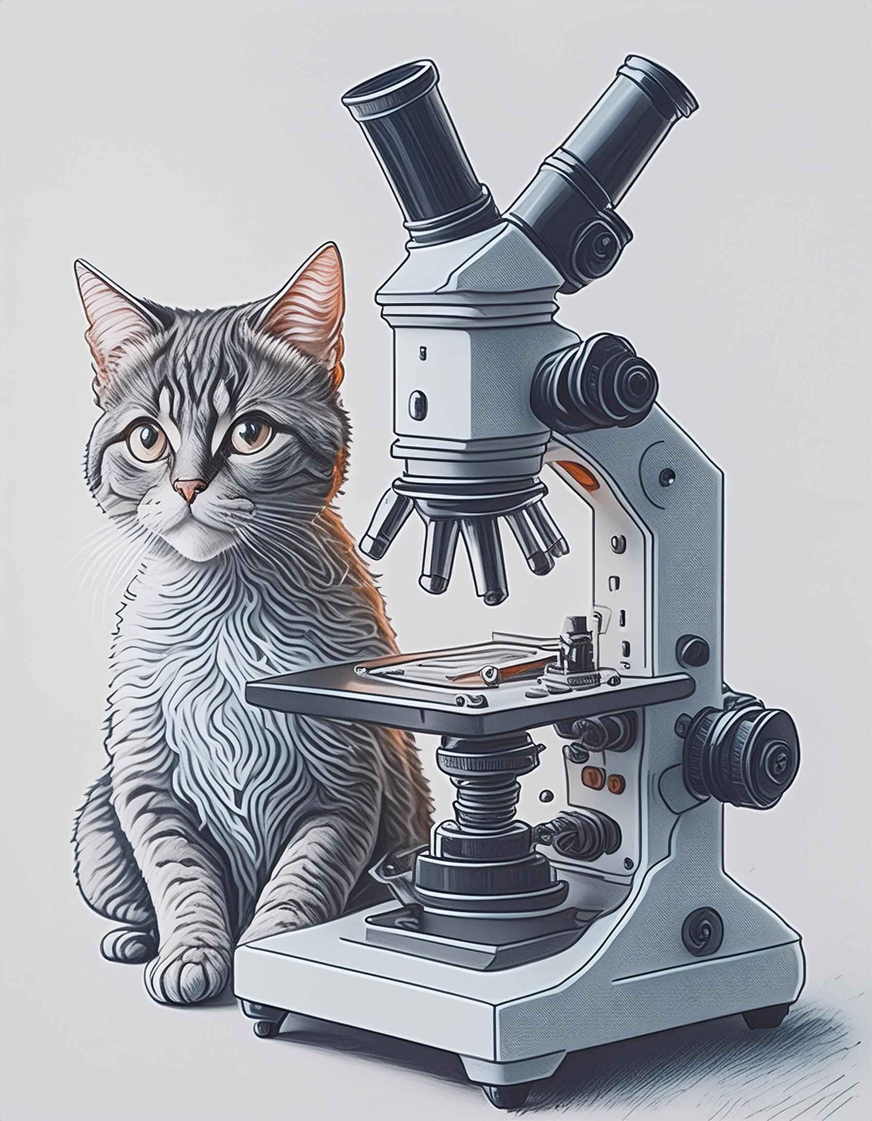 A drawing of a microscope analysing a sample, with a gray cat on the left of the microscope.