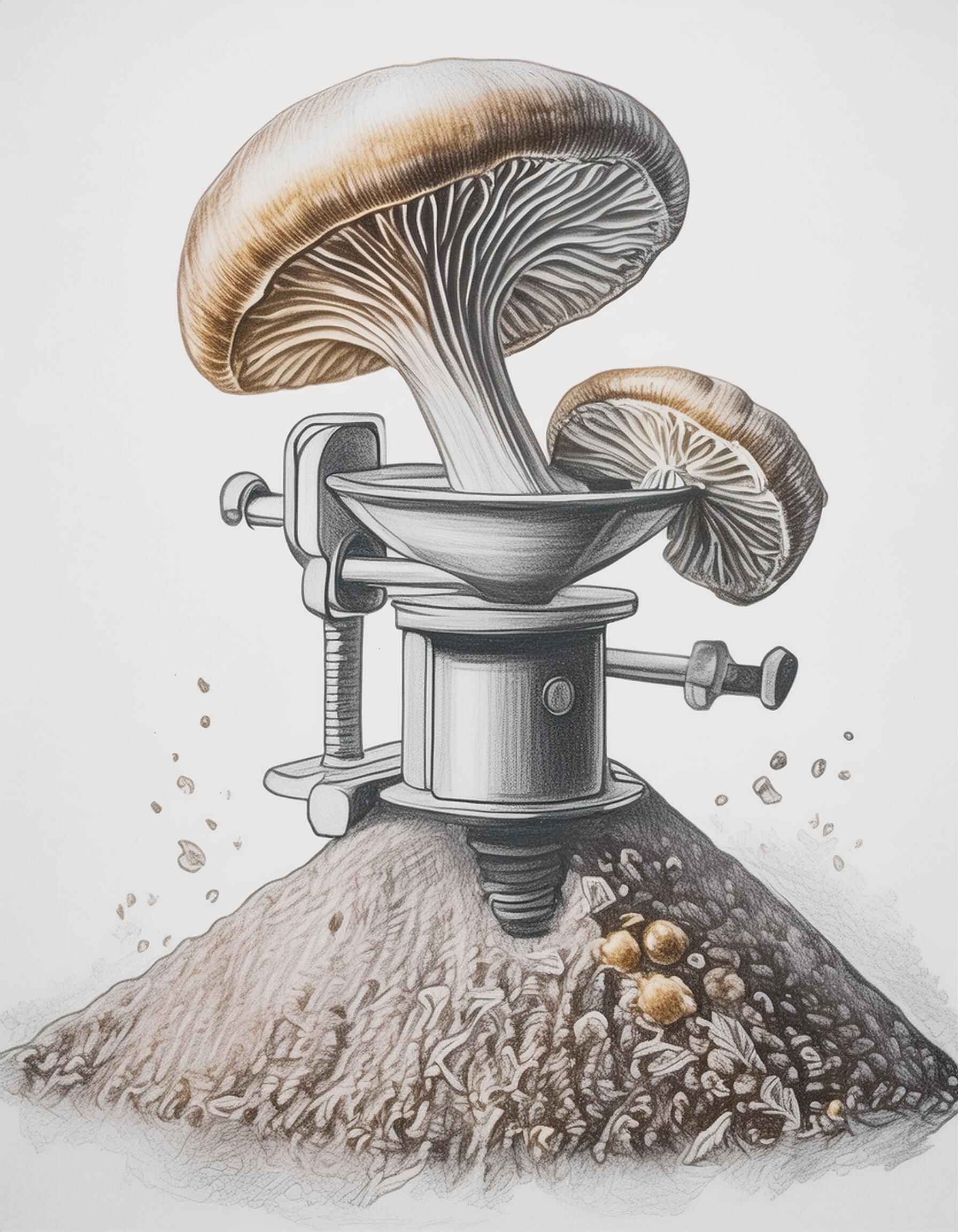 A drawing of a mushroom being milled into a powder using a milling machine, with the mushroom placed in the grinder and the powder collecting below.