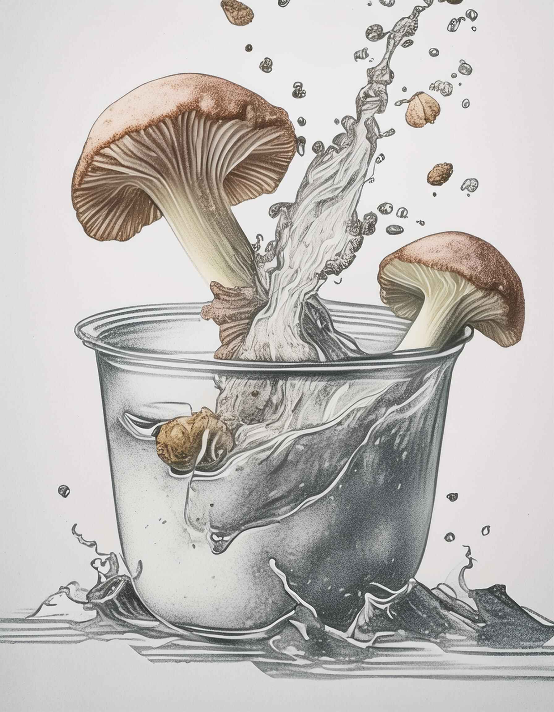 A drawing of mushroom powder and whole mushrooms being mixed into a container filled with water, causing water to splash upwards.