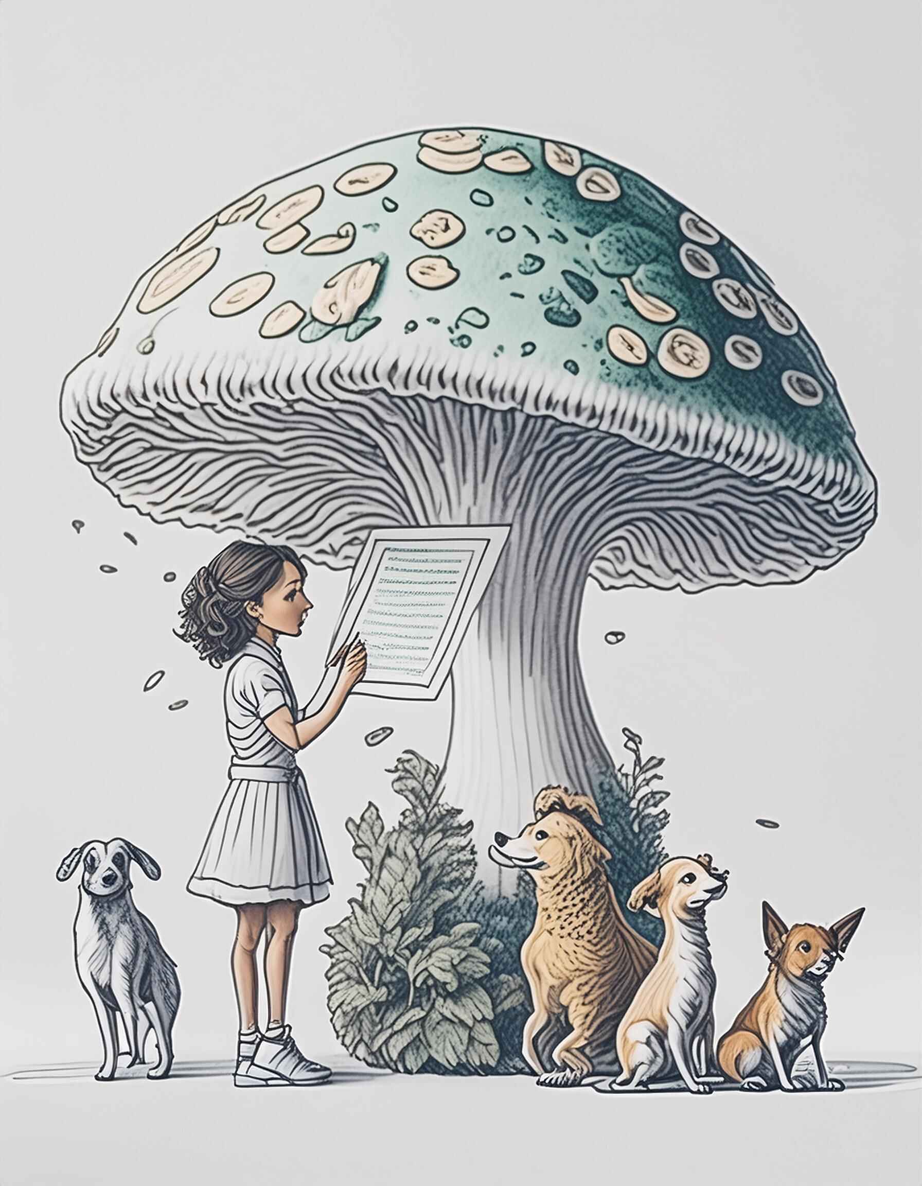 A drawing of a young girl adding a prize certificate to a giant mushroom, surrounded by four dogs.