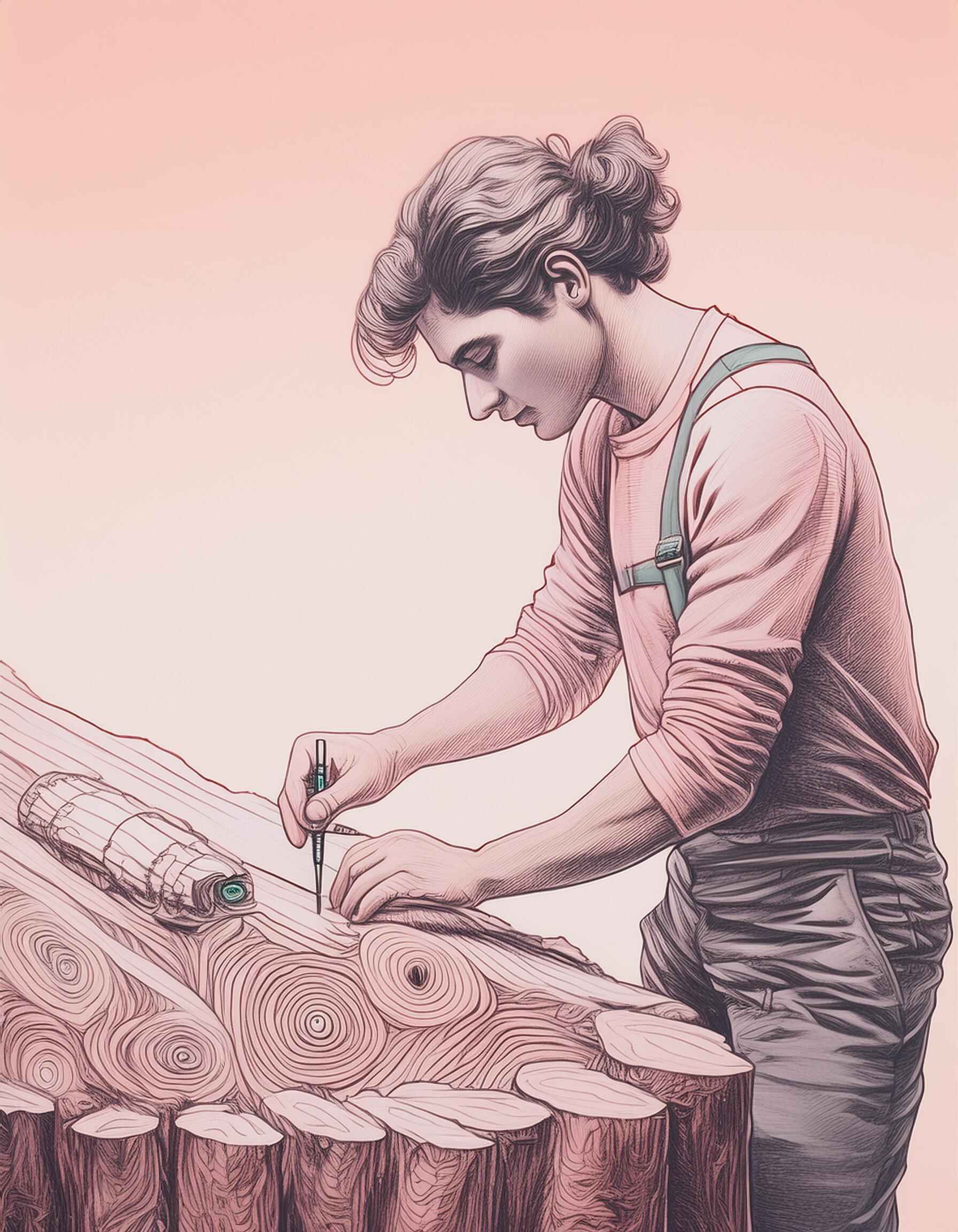 An illustration of a man diligently drilling holes into a log substrate for mushroom cultivation.