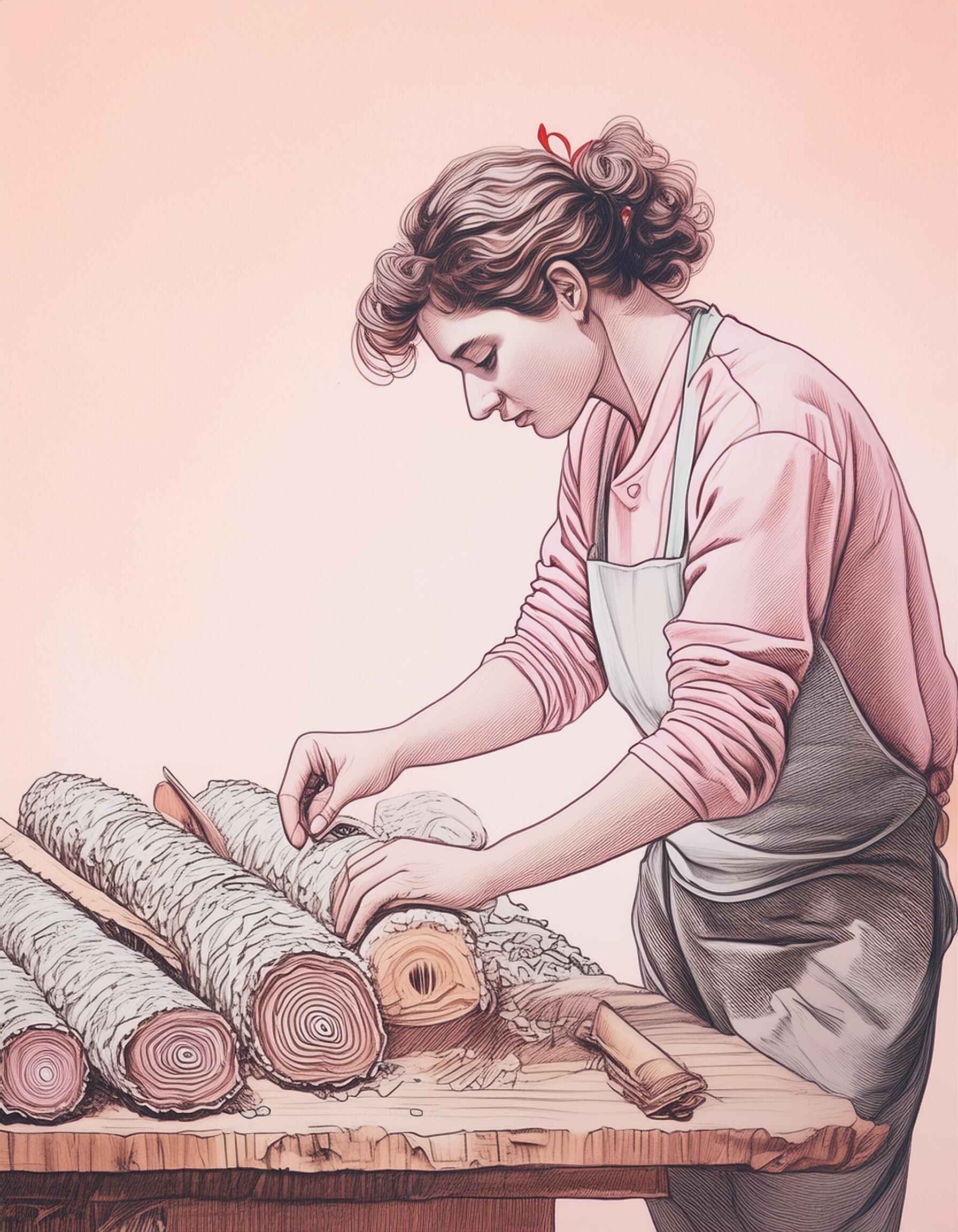 An illustration of a woman carefully preparing logs for mushroom cultivation, symbolizing the artisanal and hands-on approach in cultivating high-quality mushrooms at Antioxi.