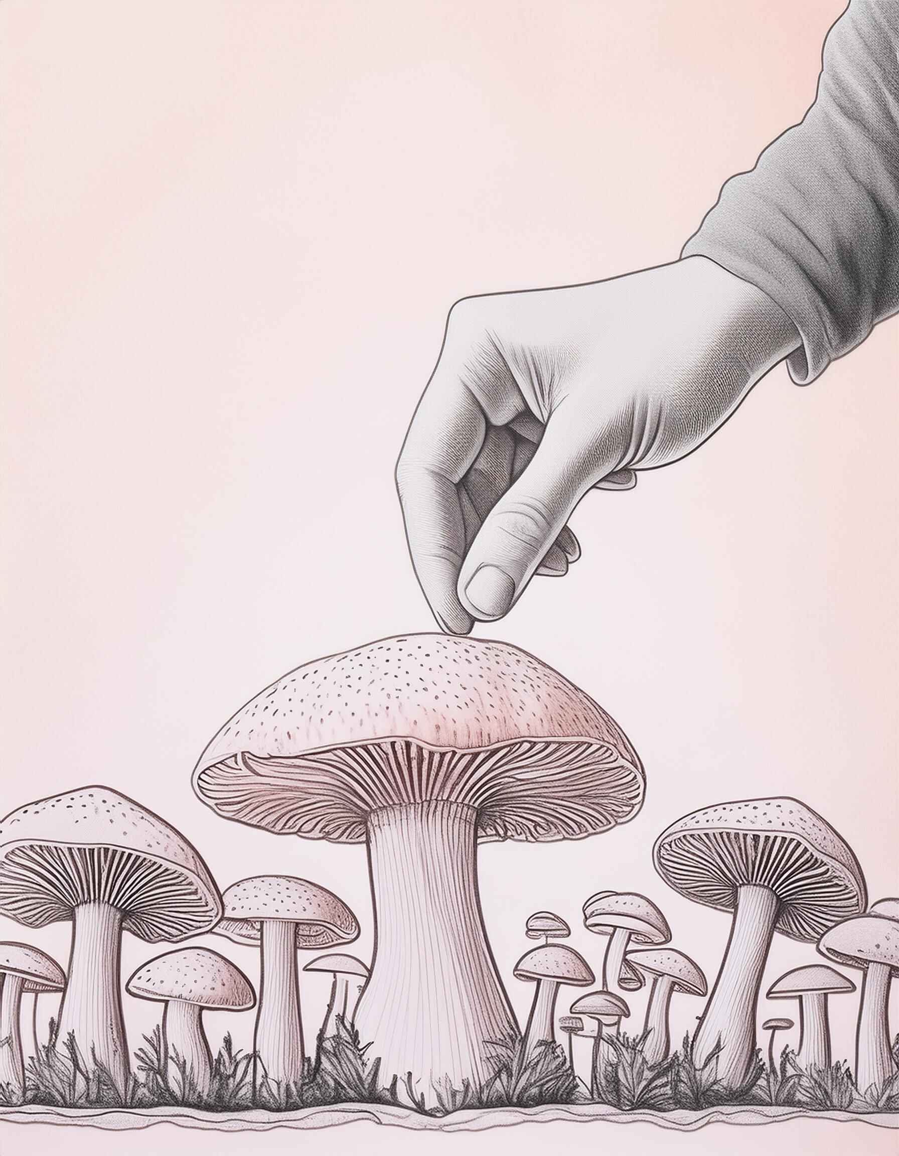 An illustration of a hand carefully picking a mushroom from a field, symbolizing the meticulous harvesting process and the natural, hands-on approach of Antioxi's mushroom sourcing.
