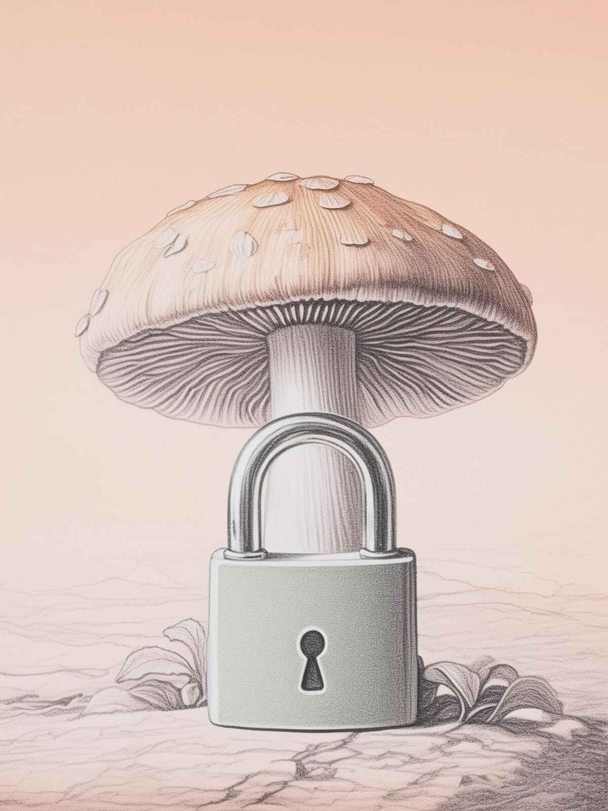 Pencil drawing of a lock in front of a mushroom, symbolizing Antioxi's commitment to the purity and safety of mushroom supplements.