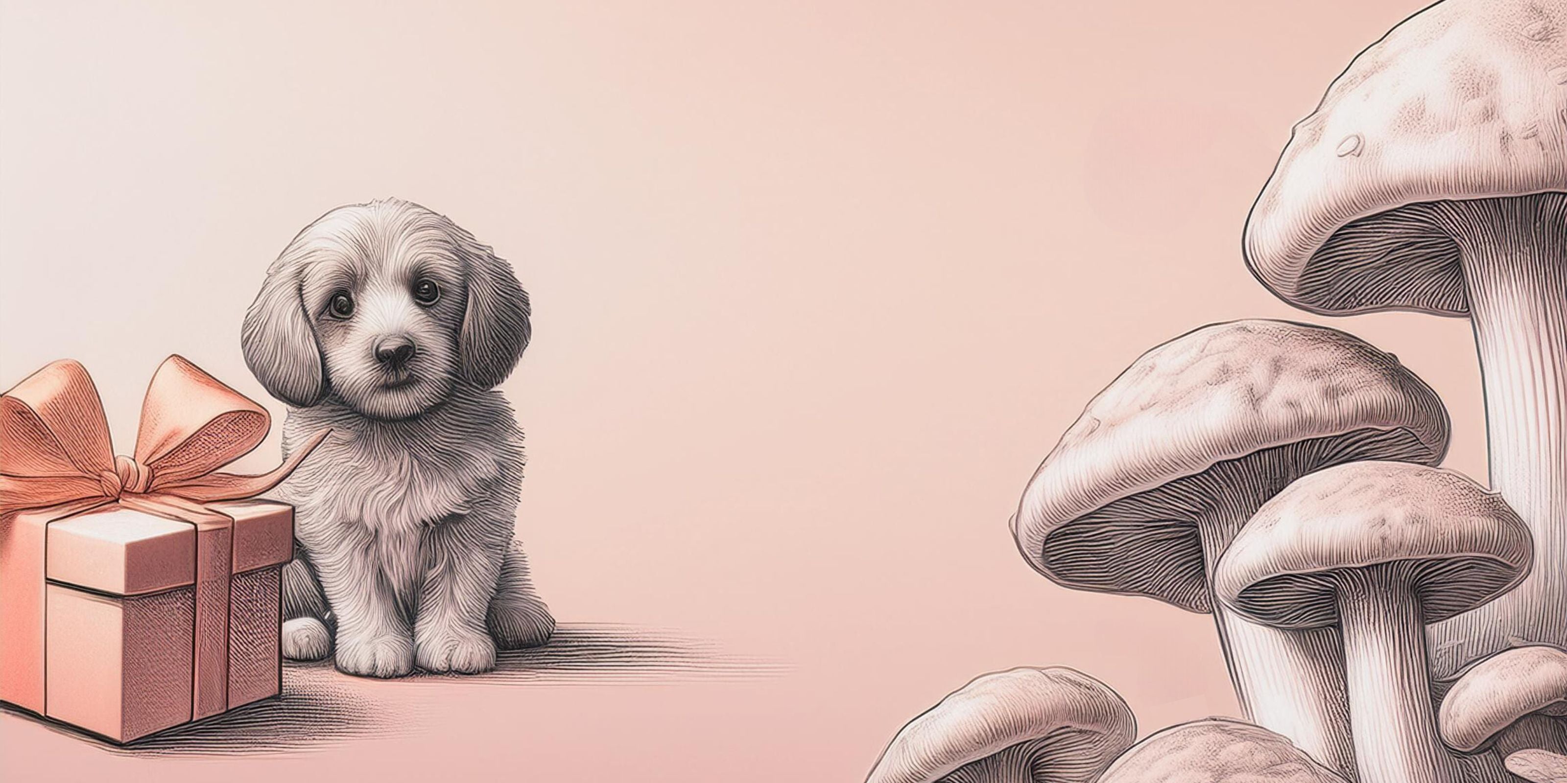 Illustration of cute puppy beside a gift box with mushrooms on soft pink background