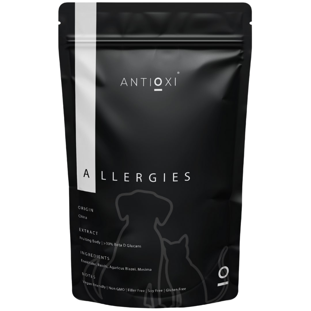 Front of Antioxi Allergy Mushroom Blend Supplement for Pets Pouch