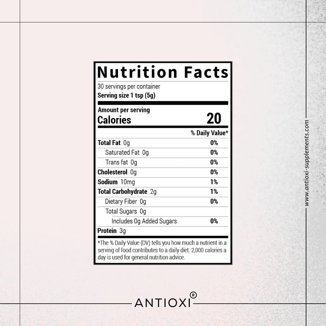 Antioxi Mushroom Collagen coffee nutrition facts label with serving size 1 tsp (5g), 20 calories, 0g fat, 10mg sodium, 2g carbohydrates, 0g sugars, and 3g protein per serving.
