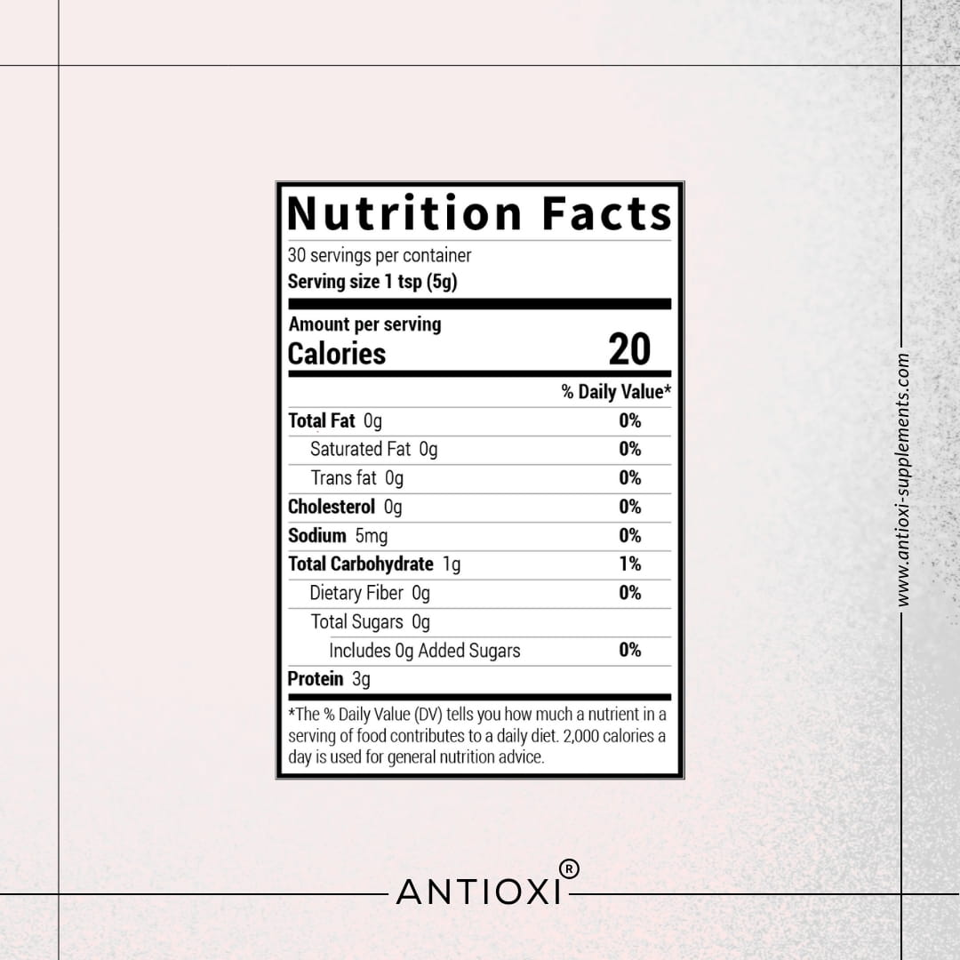 Antioxi Mushroom Latte nutrition facts label with serving size 1 tsp (5g), 20 calories, 0g fat, 5mg sodium, 1g carbohydrates, 0g sugars, and 3g protein per serving.