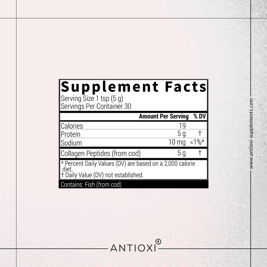Antioxi Marine Collagen Supplement Facts label showing serving size 1 teaspoon (5g), 19 calories, 5g protein, 10mg sodium, and 5g marine collagen peptides (from cod) per serving. Allergen warning: Fish.