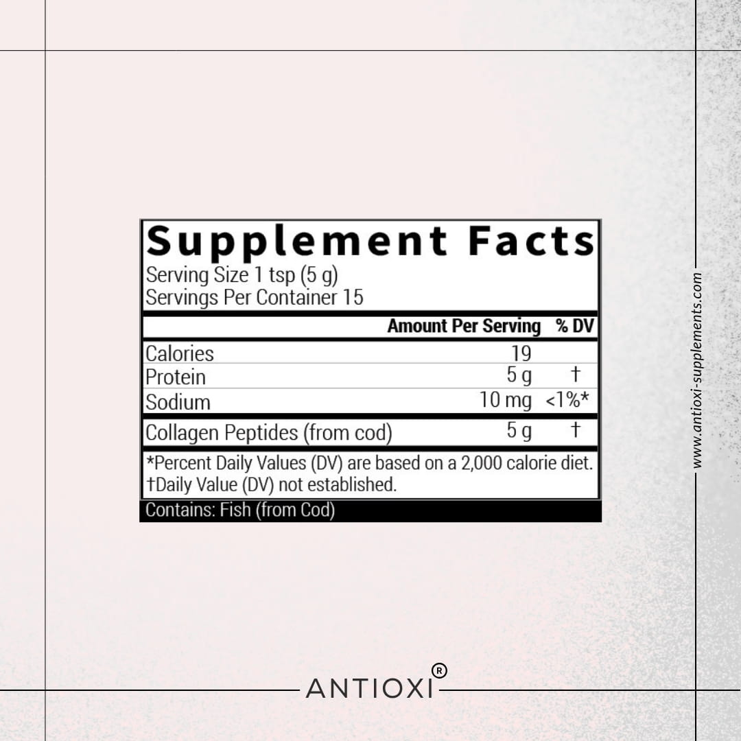 Antioxi Marine Collagen Supplement Facts label showing serving size 1 teaspoon (5g), 19 calories, 5g protein, 10mg sodium, and 5g marine collagen peptides (from cod) per serving. Allergen warning: Fish.