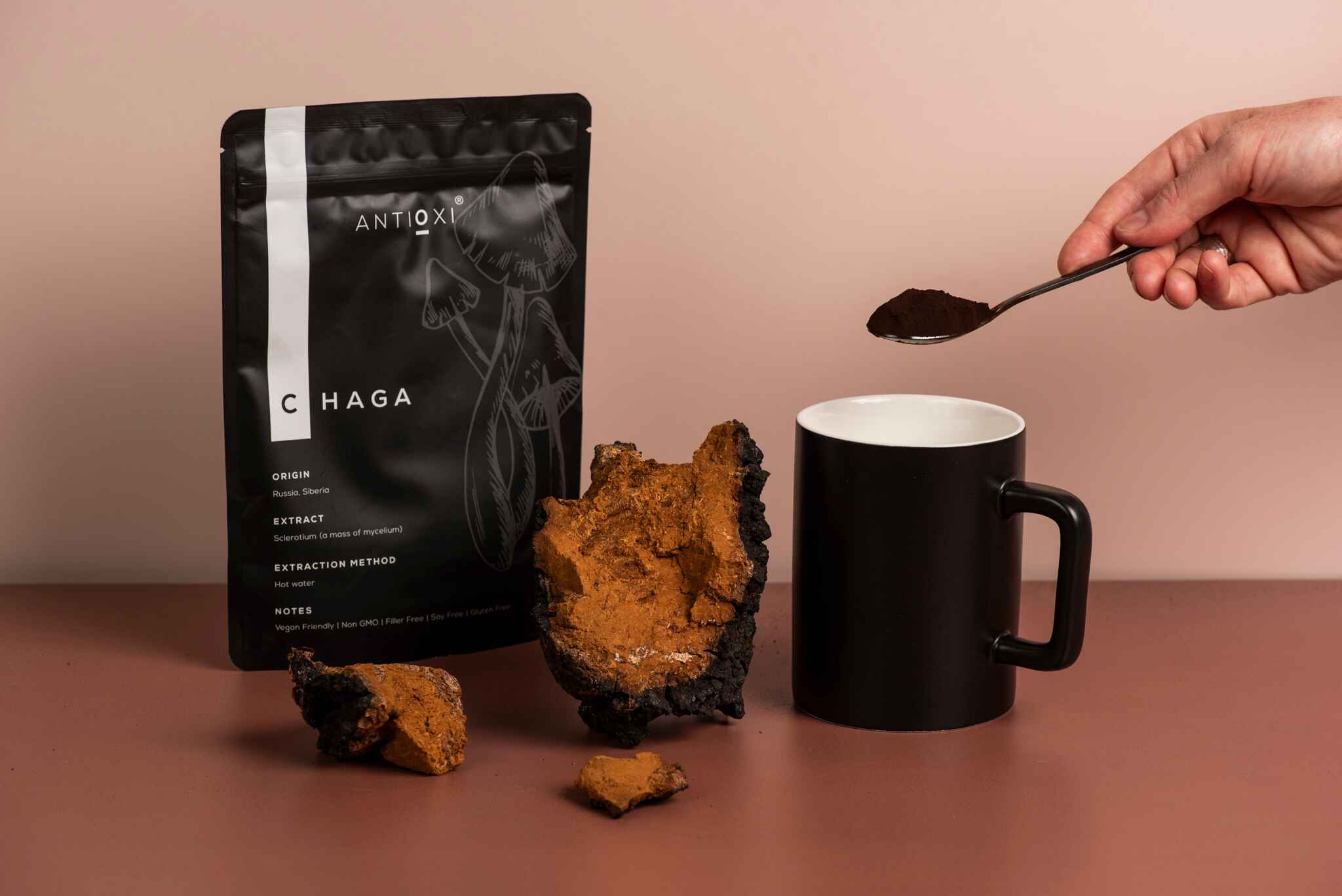 A black Antioxi Chaga mushroom supplements pouch next to dried Chaga mushrooms and a black mug, with a hand holding a spoonful of powdered Chaga over the mug.