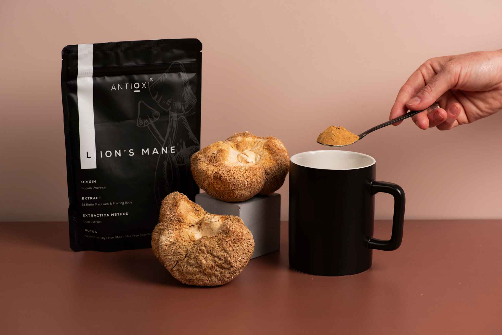 A pouch of Antioxi Lion's Mane mushroom supplements is displayed alongside whole Lion's Mane mushrooms, with a hand holding a spoonful of powdered supplement over a black mug.