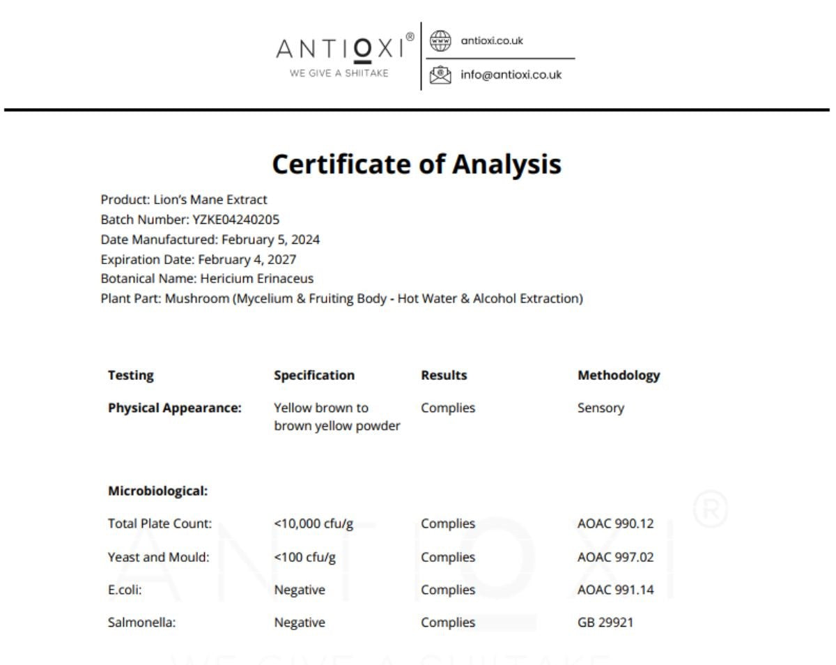 Certificate of analysis showing that Antioxi's Lion's Mane Extract has passed microbiological testing with low levels of total plate count and yeast and mold, and no presence of E.coli or Salmonella, indicating a safe product.