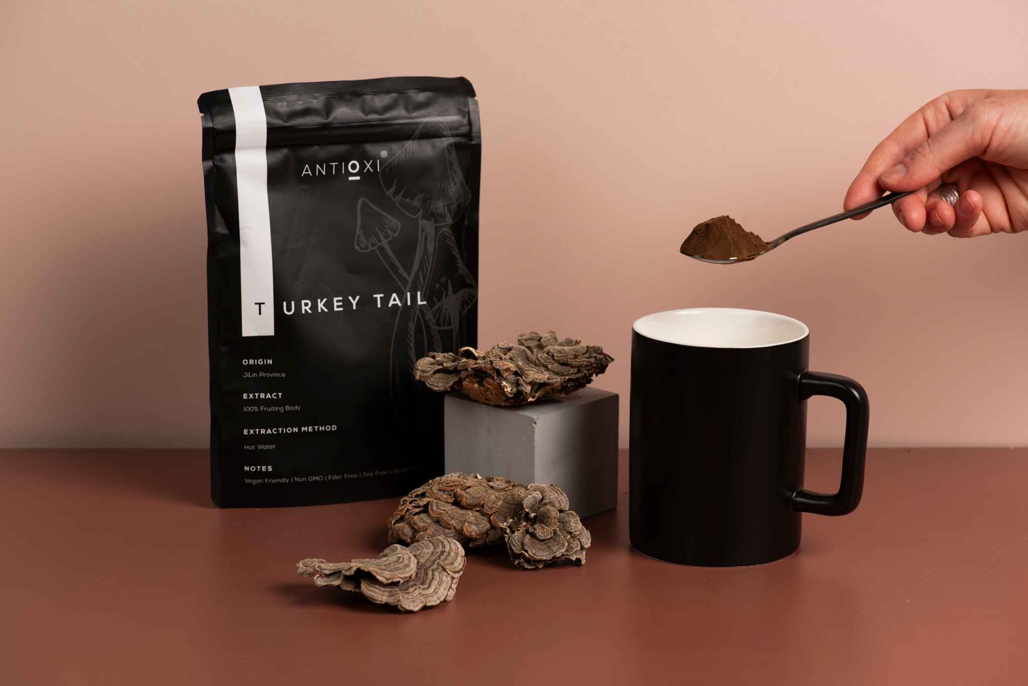 A black Antioxi Turkey Tail mushroom supplements pouch next to dried Turkey Tail mushrooms and a black mug, with a hand holding a spoonful of powdered Turkey Tail over the mug.