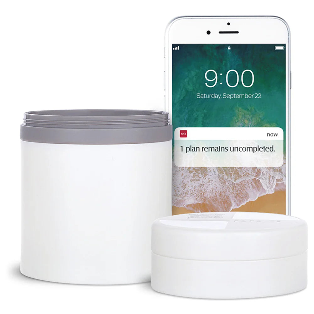 Antioxi and Kigi portable travel pill box for daily medication management, perfect for travel.