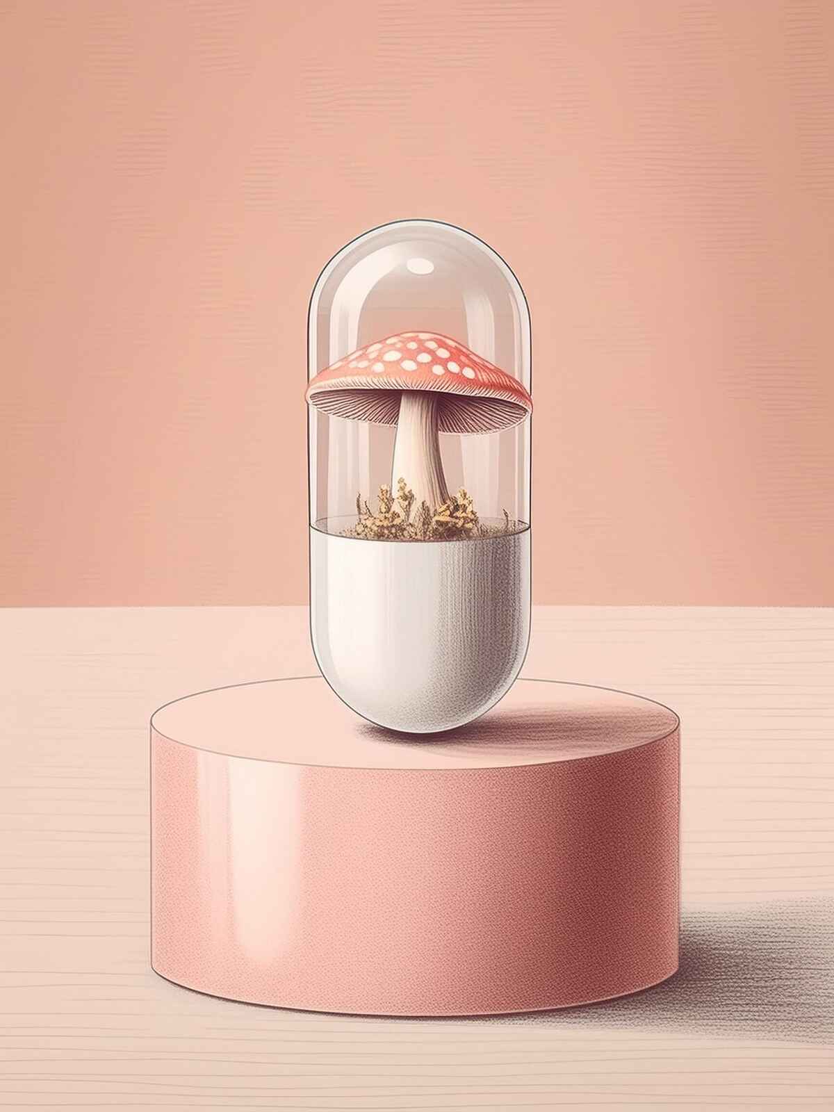 An illustration of a glass, capsule shaped, container on a podium. The container is standing upright on the podium and has a mushroom growing on the inside.