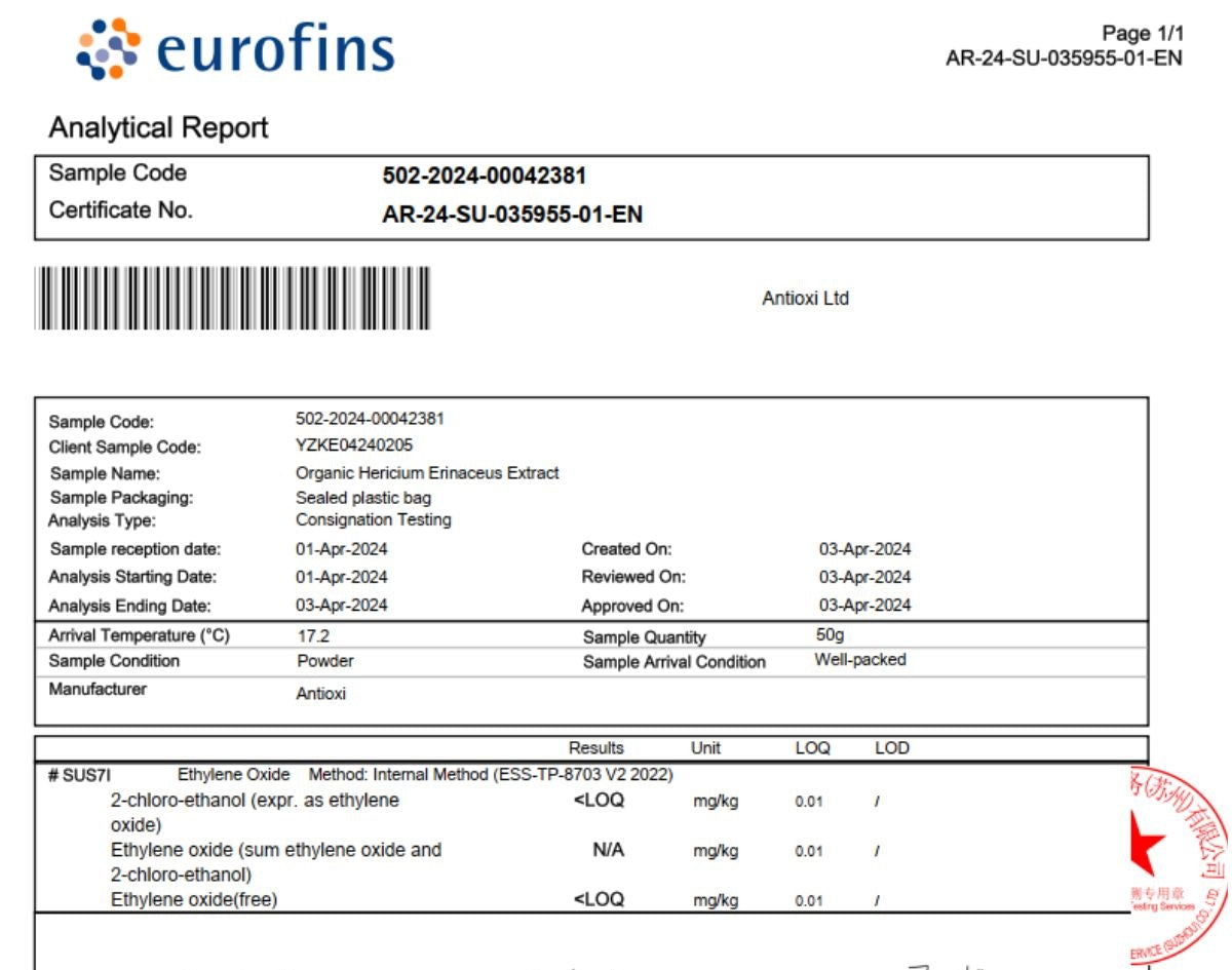 An analytical report from Eurofins for Antioxi Ltd, confirming that the Organic Lion's Mane Extract sample tested negative for ethylene oxide and related compounds, ensuring product safety and compliance with quality standards.