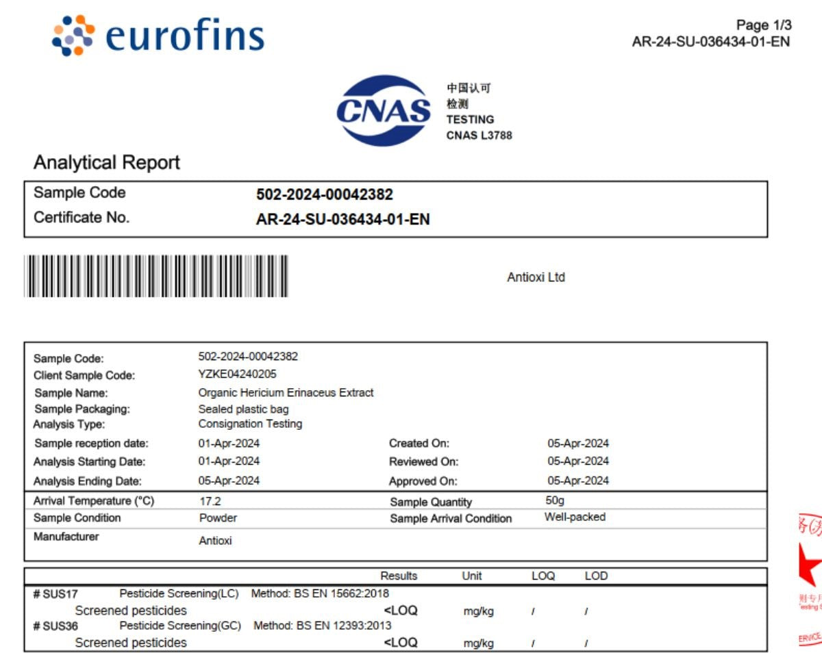 An analytical report from Eurofins for Antioxi Ltd, confirming that the Organic Lion's Mane Extract sample tested negative for pesticides. The analysis shows that the sample is free from detectable pesticide residues, ensuring product safety and compliance with quality standards.