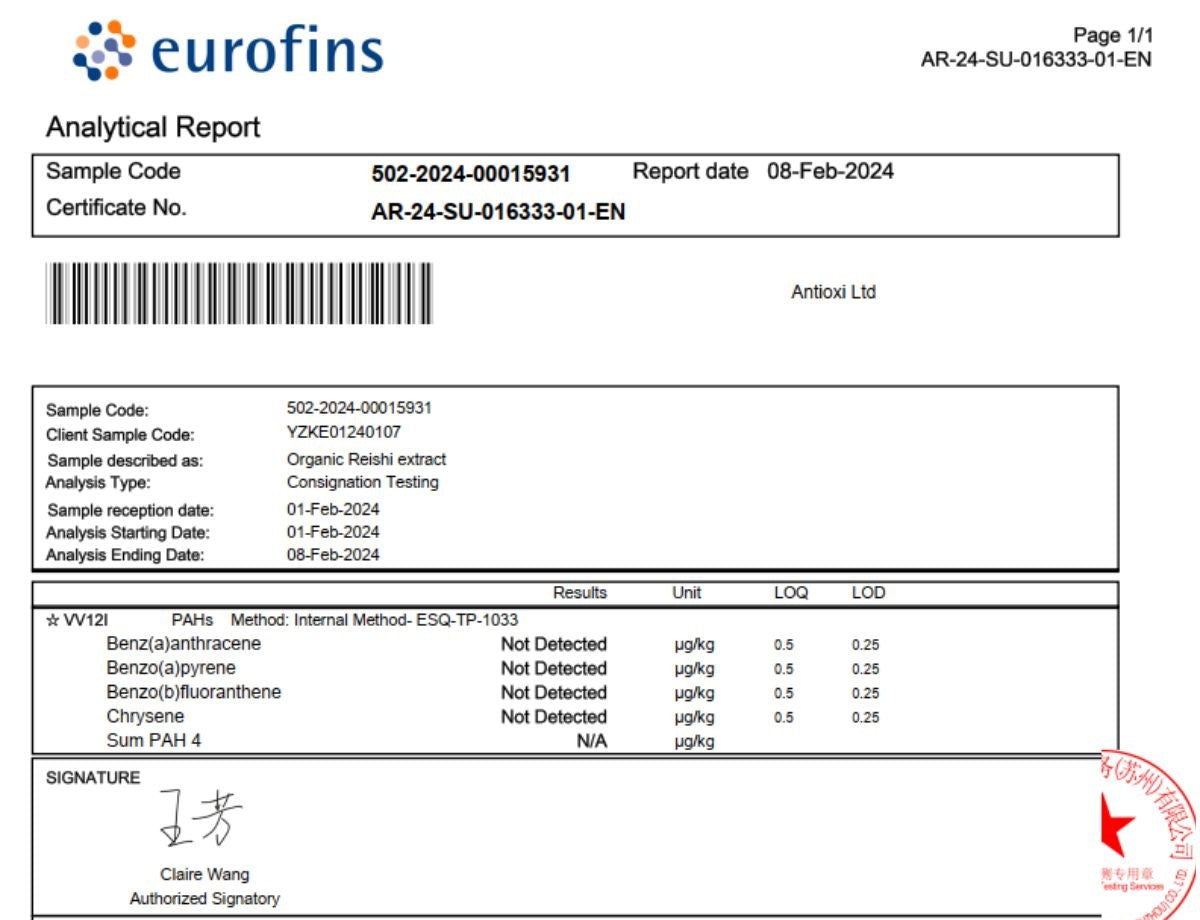 An analytical report from Eurofins for Antioxi Ltd, confirming that the Organic Reishi Extract sample tested negative for Polycyclic Aromatic Hydrocarbons (PAHs). The analysis shows that the sample does not contain detectable levels of Benz(a)anthracene, Benzo(a)pyrene, Benzo(b)fluoranthene, Chrysene, or the sum of these PAHs, ensuring product safety and compliance with quality standards.