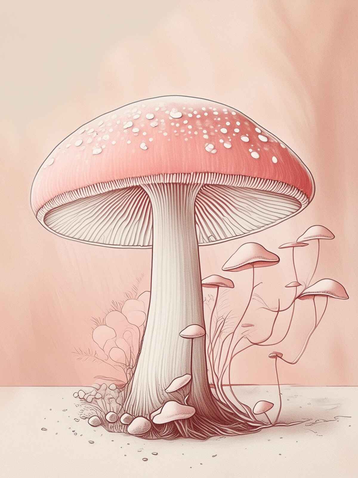 An illustration of a mushroom with a long stem and red cap, with mushroom mycelium that is growing from the stem of the mushroom.