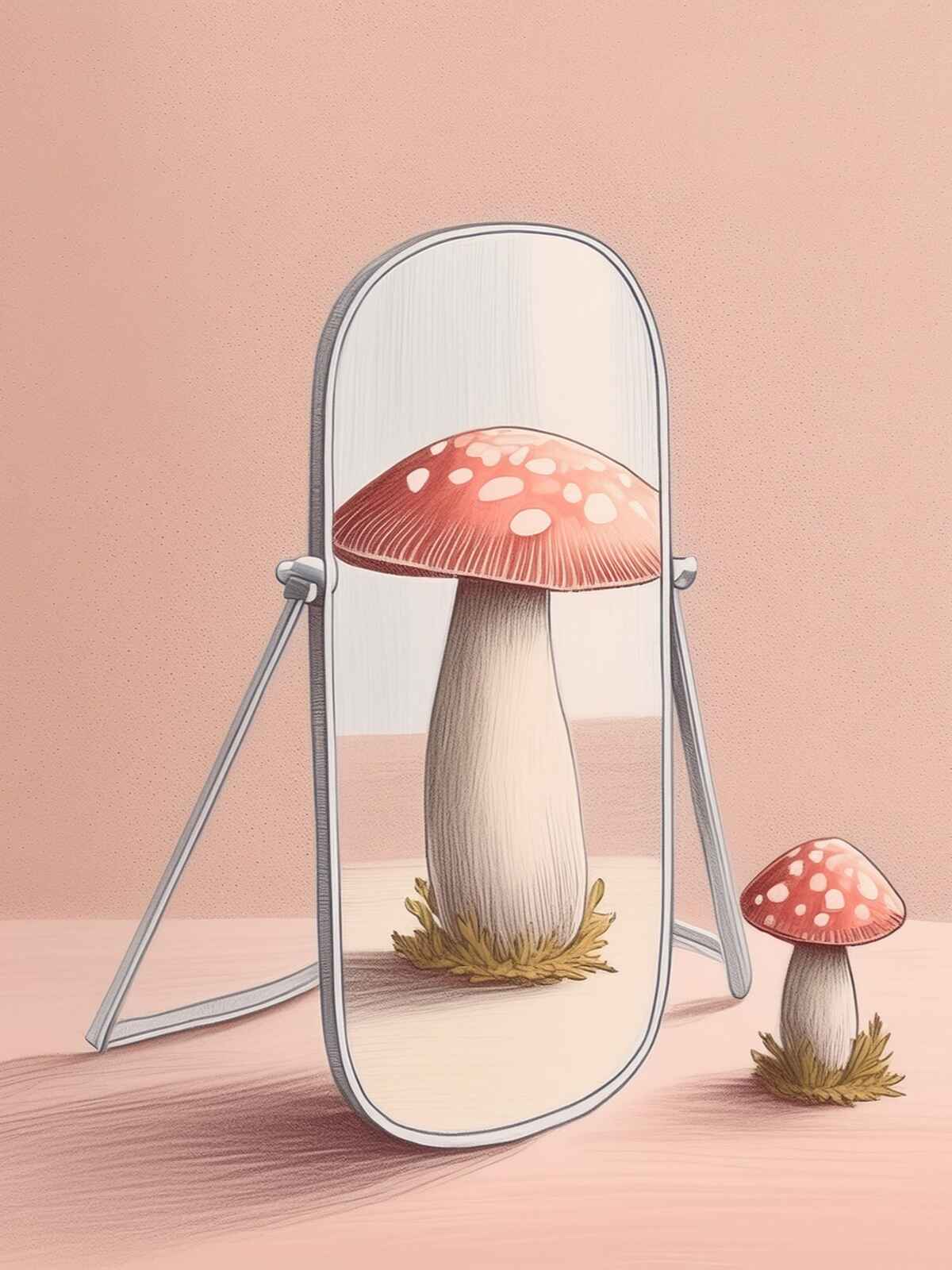 An illustration of a small mushroom looking into a mirror and seeing a big mushroom.
