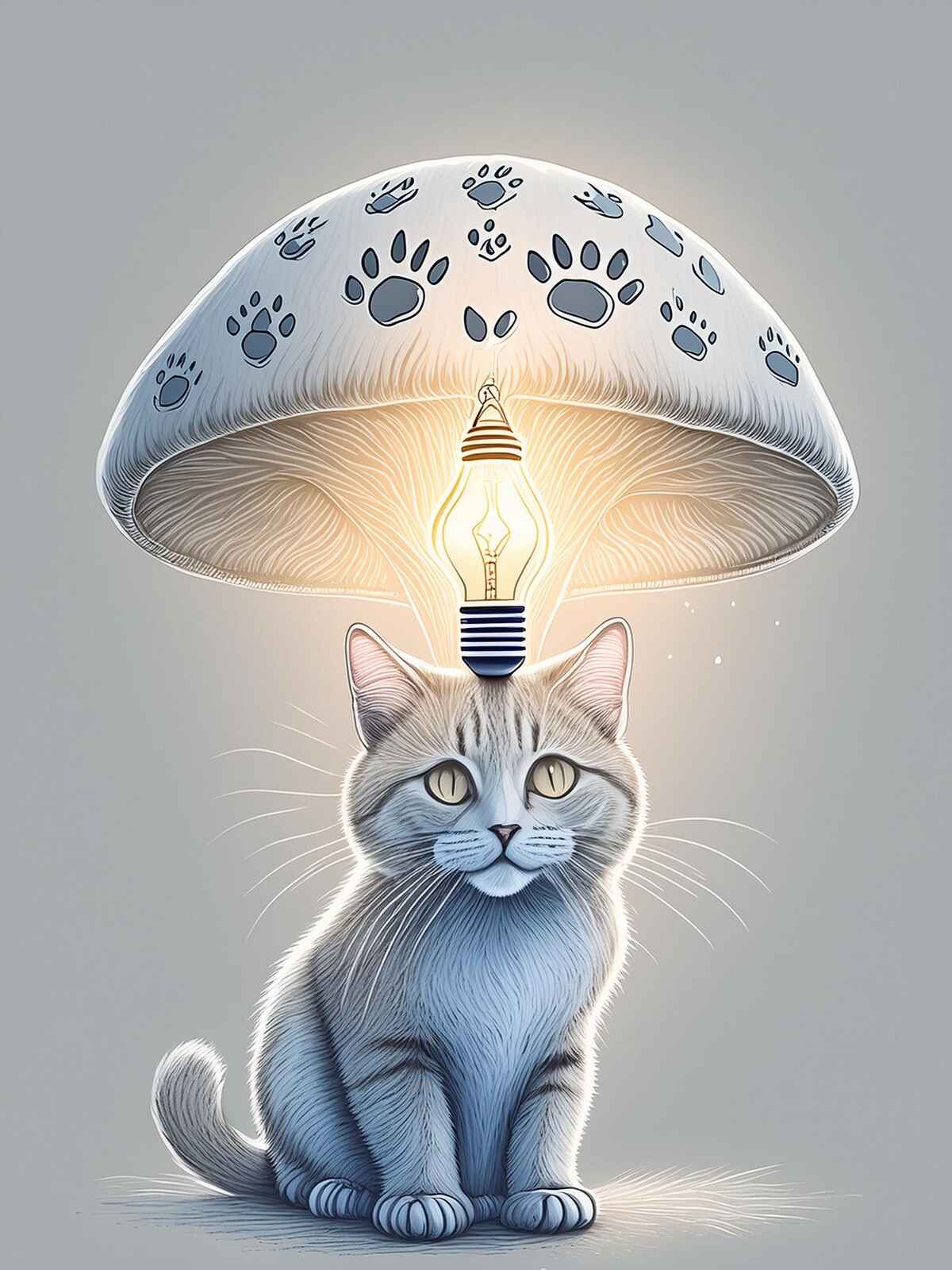 Illustration of a cat sitting under a large mushroom cap with paw print patterns and a glowing lightbulb, symbolizing personalized pet care and innovative solutions at every step.
