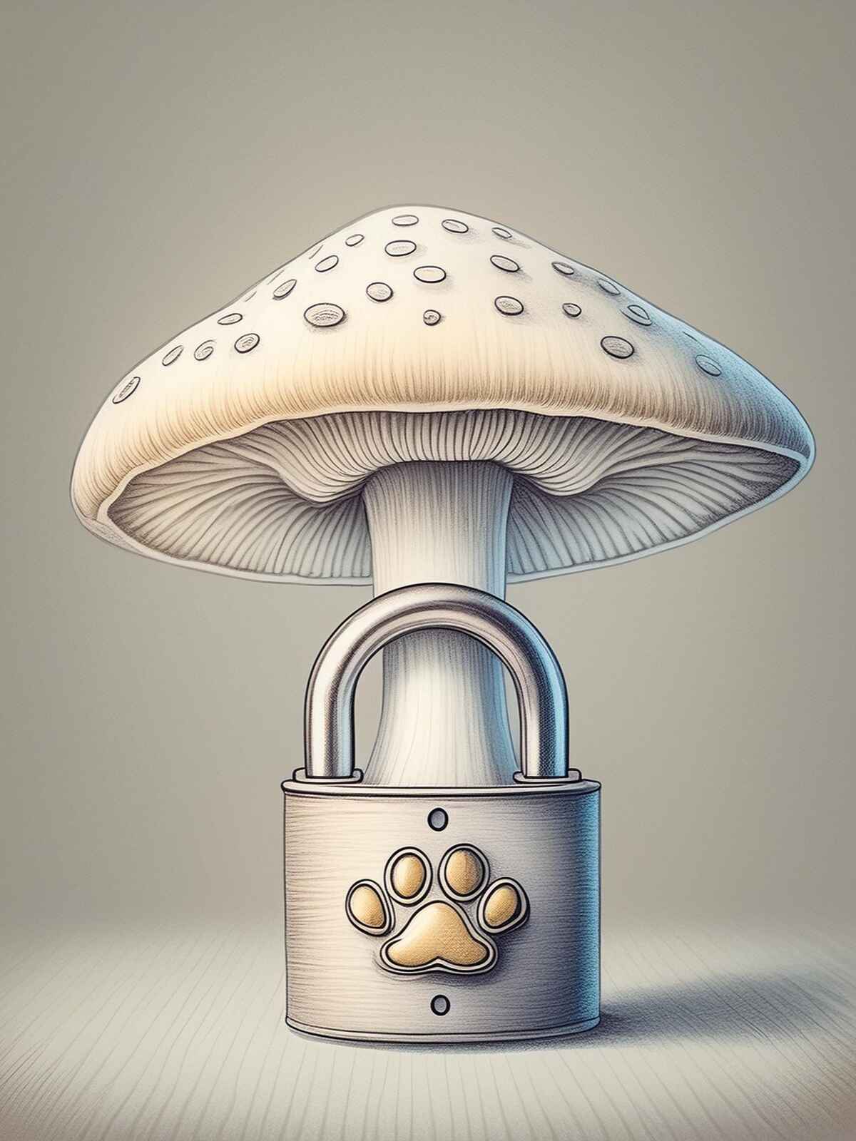 Illustration of a large mushroom with a silver padlock featuring a gold paw print, symbolizing pet safety and security.