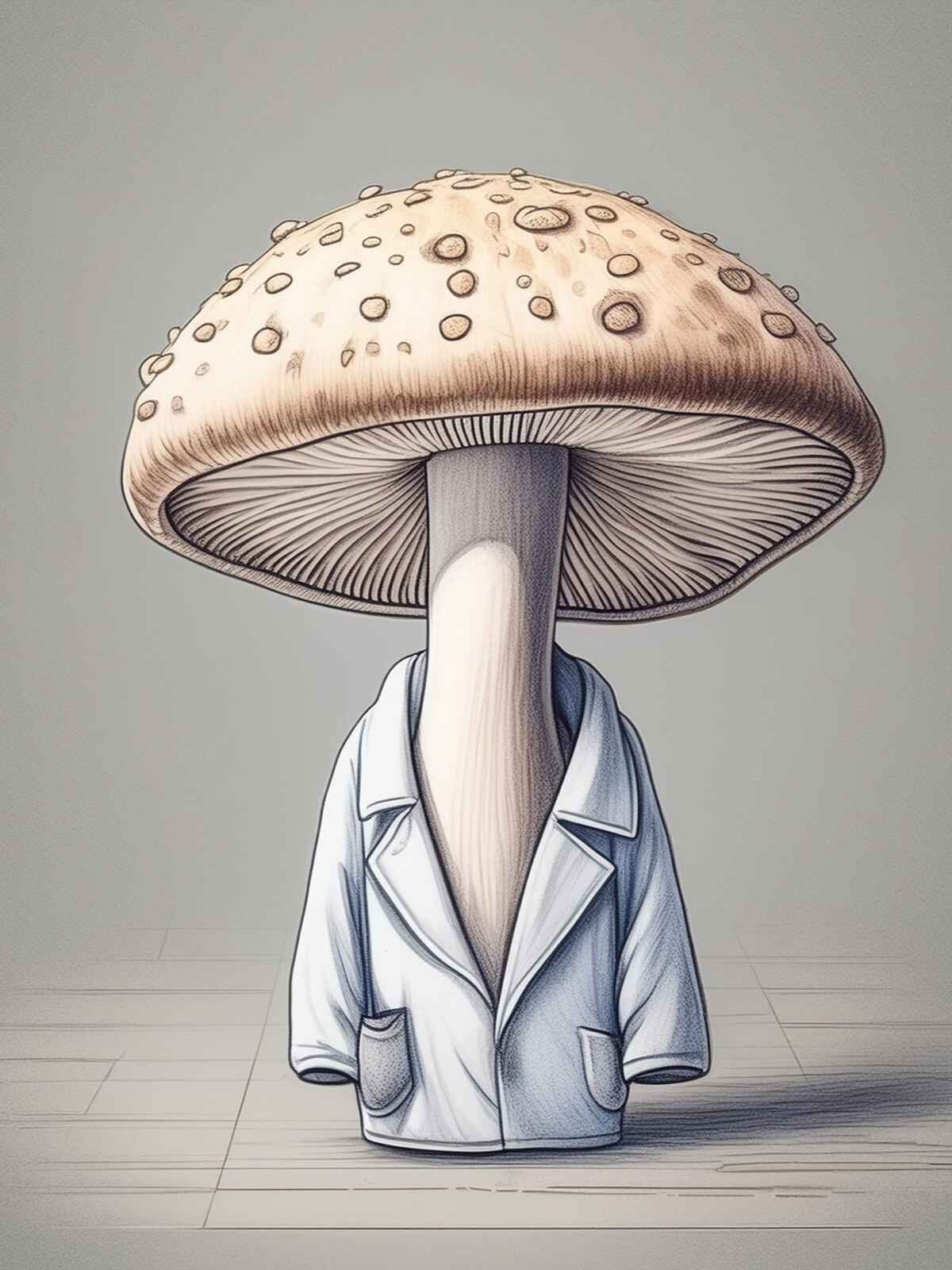 Illustration of a large mushroom wearing a white lab coat, symbolizing professionalism and scientific expertise.