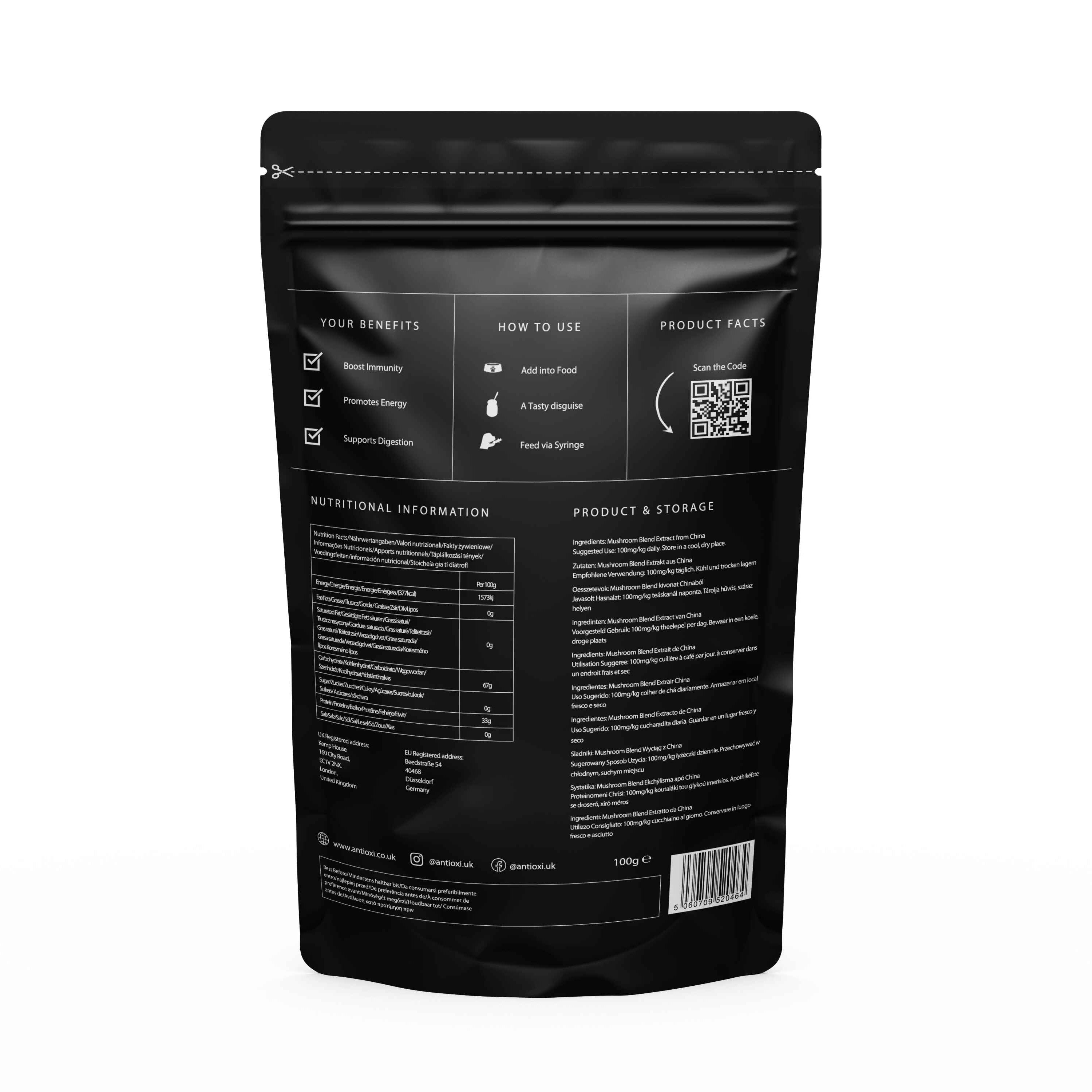 Back of Antioxi 8 Mushroom Blend Supplement for Pets