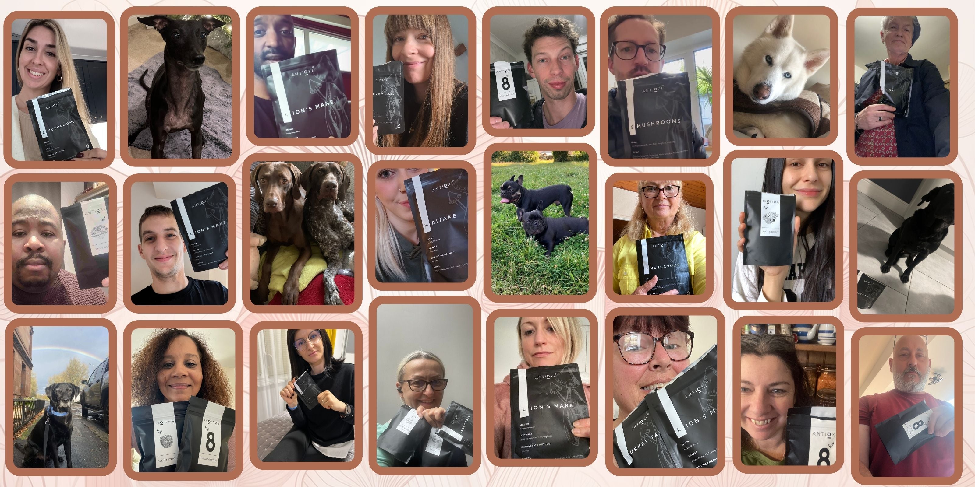 Happy Antioxi customers and pets showcasing mushroom supplements in a community collage