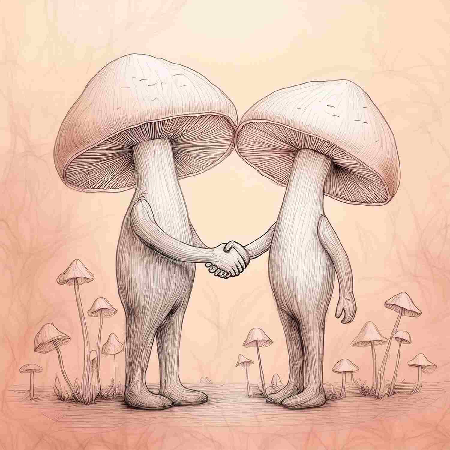 Two anthropomorphic mushrooms shaking hands in a whimsical forest setting with soft pastel tones