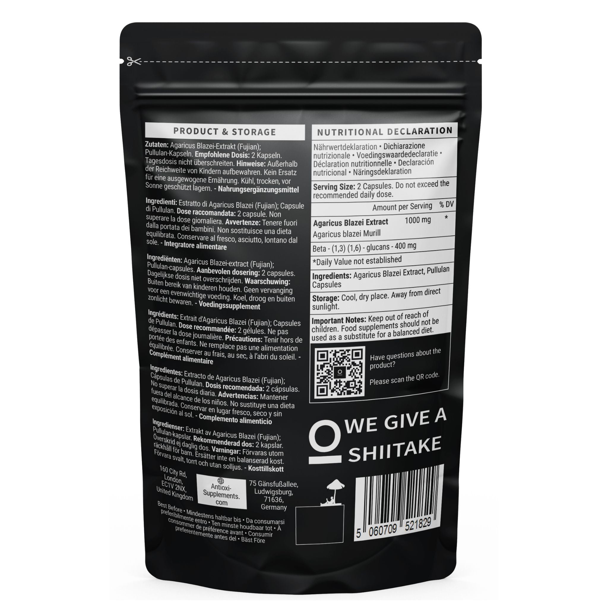 antioxi agaricus blazei mushroom supplement capsules back pouch