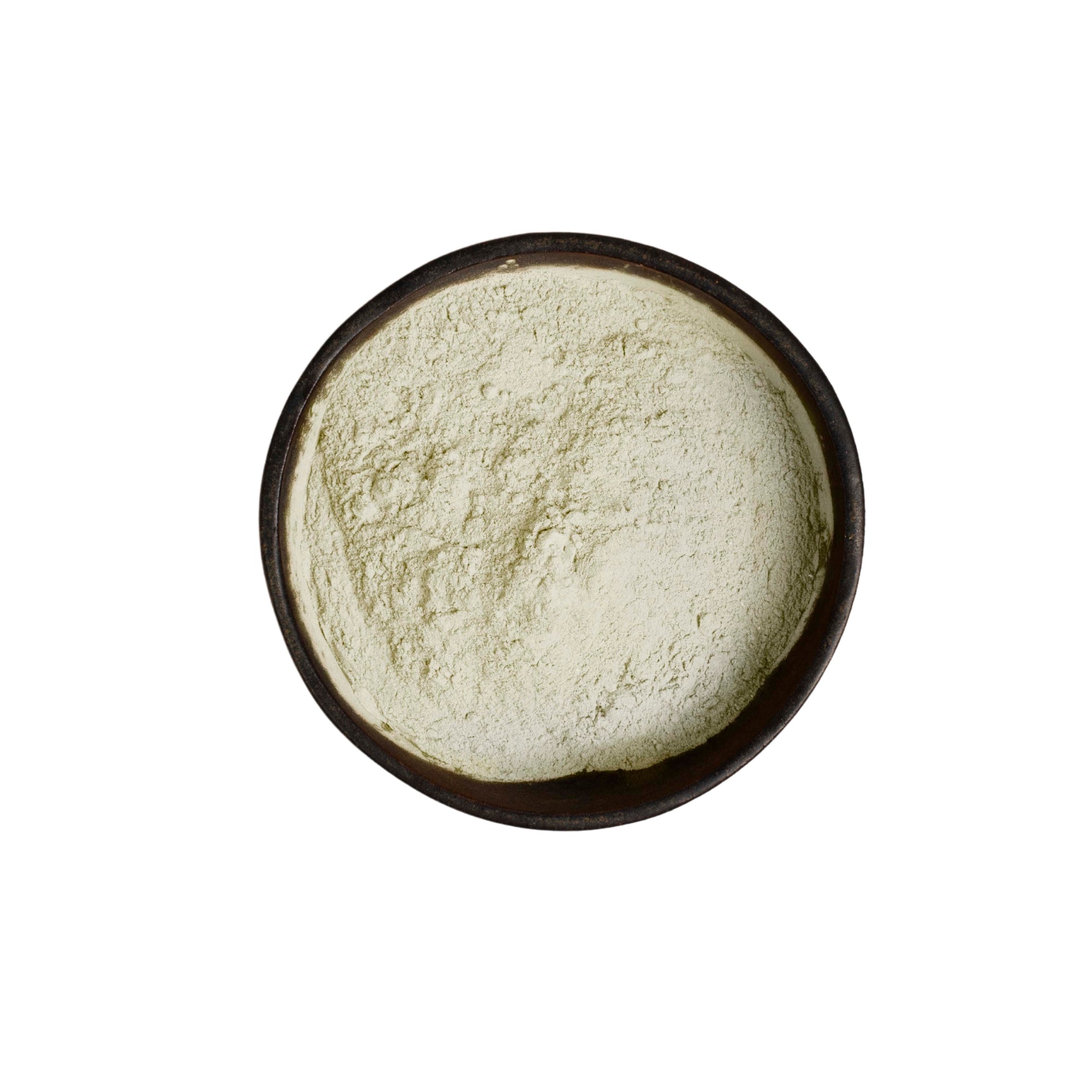 Top down view of beige Antioxi Tremella mushroom supplement powder inside of a dark-rimmed cup with a white background.