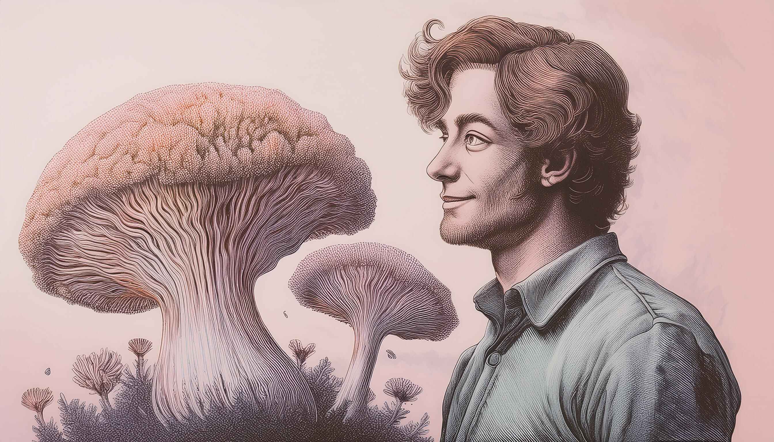 Illustrated man smiling at giant Cordyceps mushrooms in soft pink landscape, symbolic of nature's power
