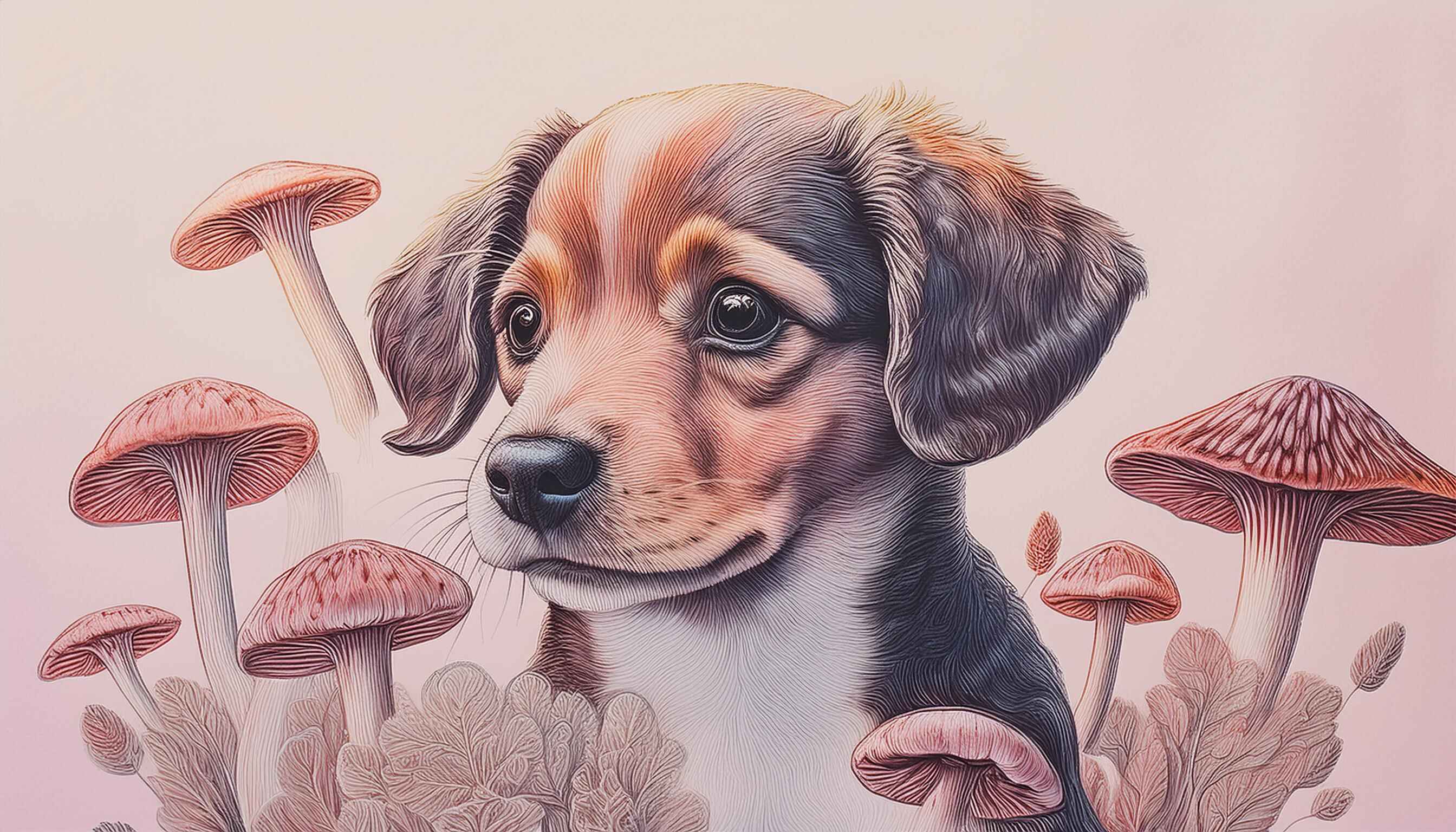 Illustration of a puppy surrounded by mushrooms in a soft pink background, pet wellness theme.