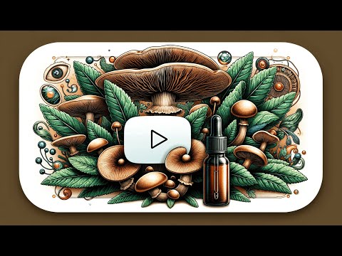 An artistic cover image for an introductory video about Turkey Tail mushrooms. The illustration features vibrant and detailed Turkey Tail mushrooms surrounded by lush green leaves and various botanical elements. In the foreground, there is a dropper bottle.