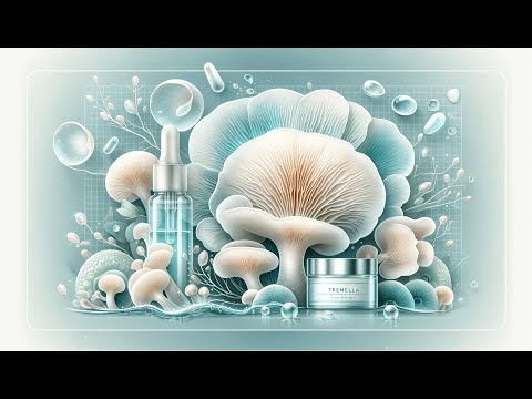 An artistic cover image for an introductory video about Tremella mushrooms. The illustration features vibrant, detailed Tremella mushrooms surrounded by droplets and botanical elements, highlighting their natural and hydrating properties. In the foreground, there are skincare products such as a serum bottle and a cream jar labeled "Tremella," symbolizing the mushroom's use in beauty and wellness products.