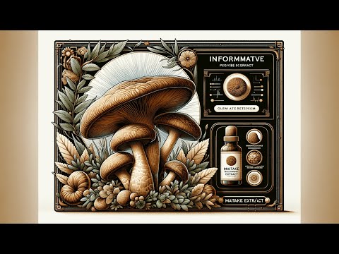 An artistic cover image for an introductory video about Maitake mushrooms. The illustration features large Maitake mushrooms surrounded by lush foliage and botanical elements, highlighting their natural origin. To the right, an informative panel showcases detailed scientific illustrations and a bottle of Maitake mushroom supplement, emphasizing the product's benefits and applications.