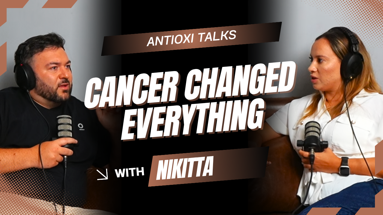 Podcast thumbnail showing host and Nikitta in conversation with microphones and headphones, with bold text reading “Cancer Changed Everything” and “Antioxi Talks” plus “With Nikitta”.